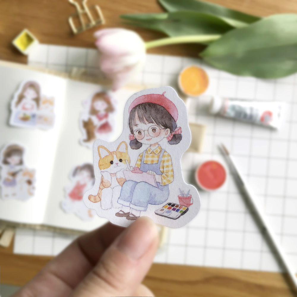 Cat & Me Girl Flake Sticker Pack - 20pcs Cute Cat Stickers for Scrapbooking, Journaling, and DIY Crafts - Perfect for Planners, Laptops, and Water Bottles