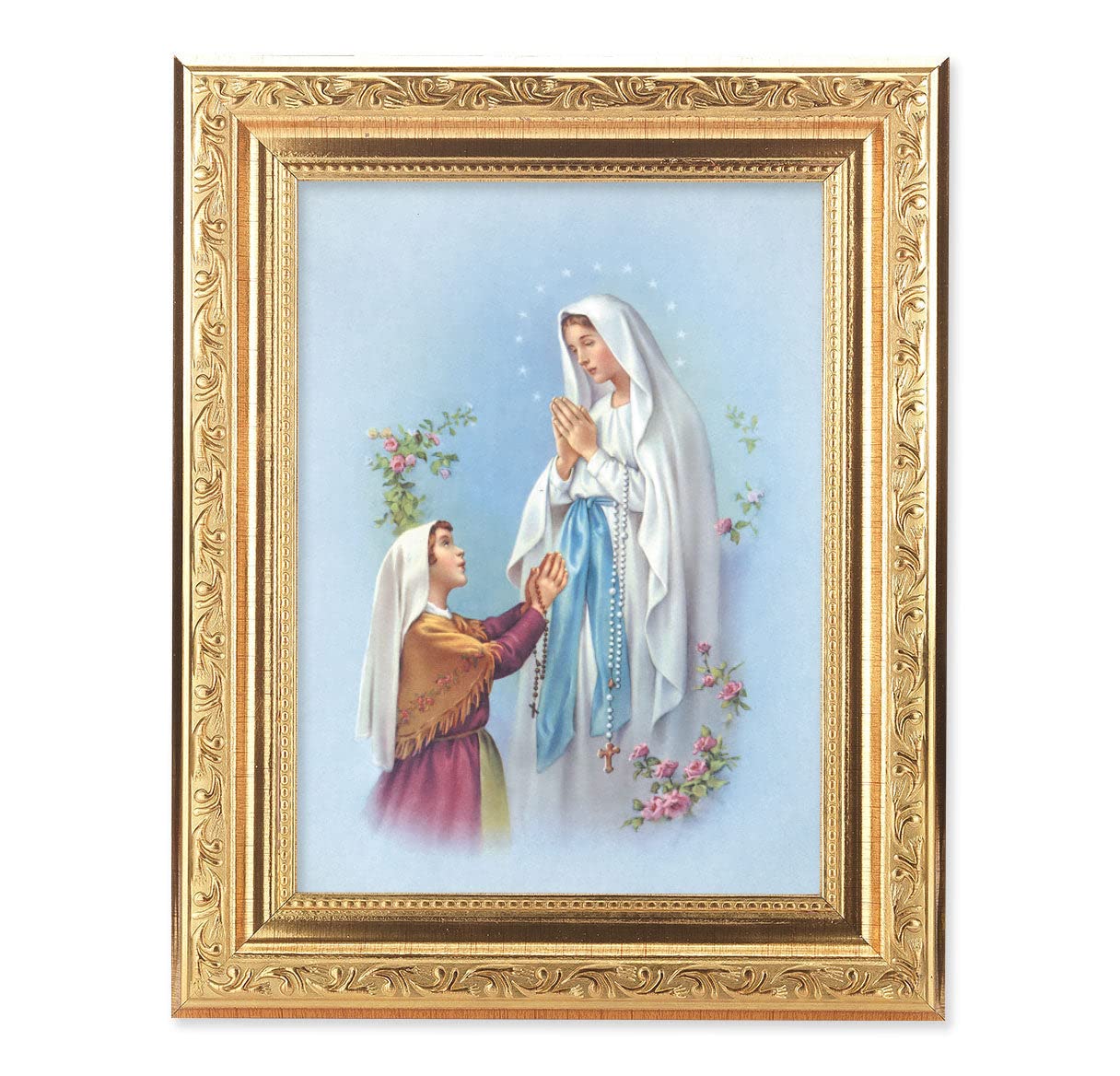 Our Lady of Lourdes Framed Wall Art - Gold Leaf Antique Finish with Acanthus Leaf Detail - Perfect for Home Decor, Church Altar & Catholic Gift Giving