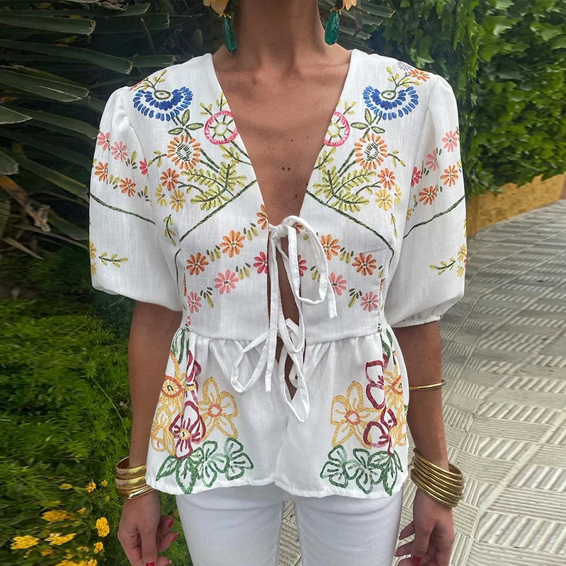 Women's Fashion Print Bow Lace-Up Blouse - Loose V-Neck Short Puff Sleeve Top for Spring & Summer | Casual Floral Shirt for Ladies | Perfect for Office Wear, Date Nights & Weekend Outings