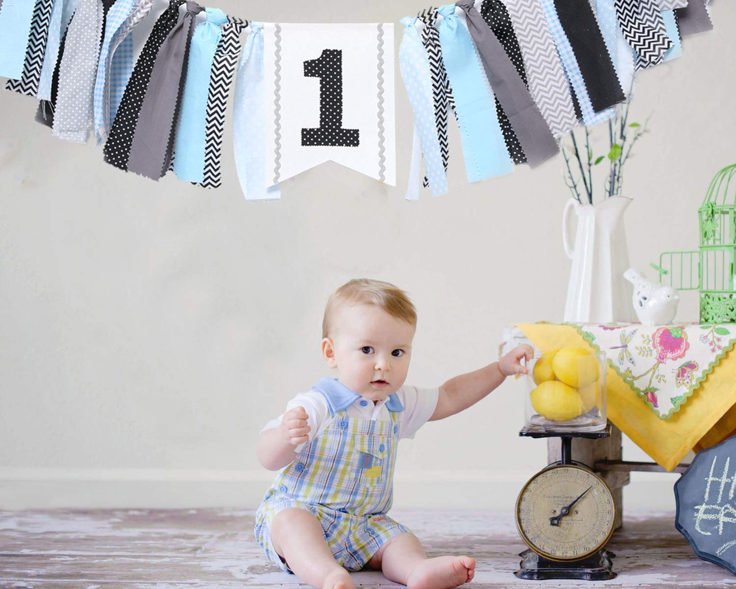 WAOUH 1st Birthday High Chair Banner - First Birthday Party Decorations, Rag Tie Fabric Garland, Photo Booth Props, Birthday Souvenir & Gifts (Black Blue) - Perfect for Baby's Milestone Celebration & Photo Shoots