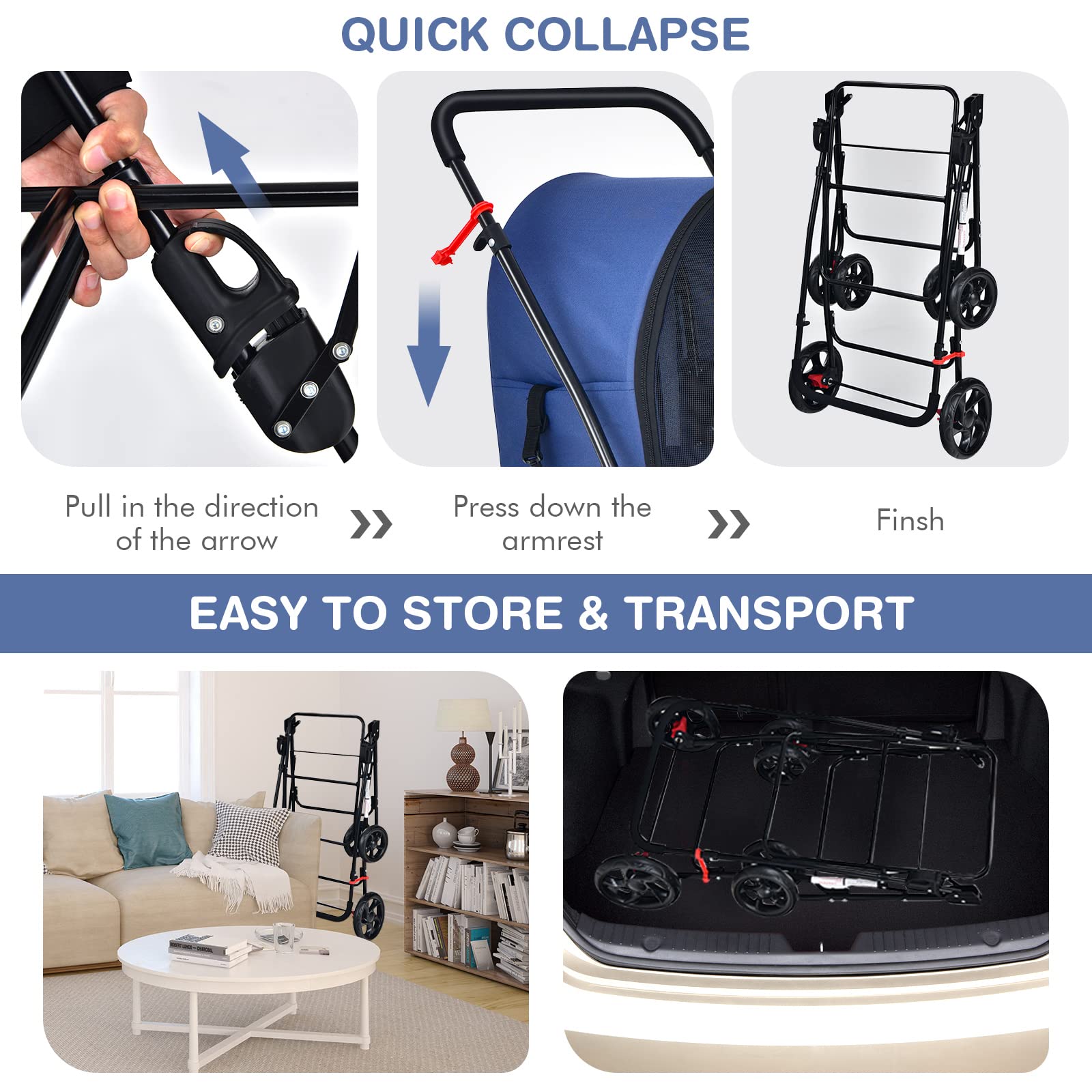 Giantex Double Pet Stroller for Dogs & Cats - 2 Detachable Carrier Bags, Safety Belt, 4 Lockable Wheels - Foldable Travel Carrier for Small & Medium Pets - Perfect for Park Walks, Vet Visits & Shopping Trips (Navy Blue)