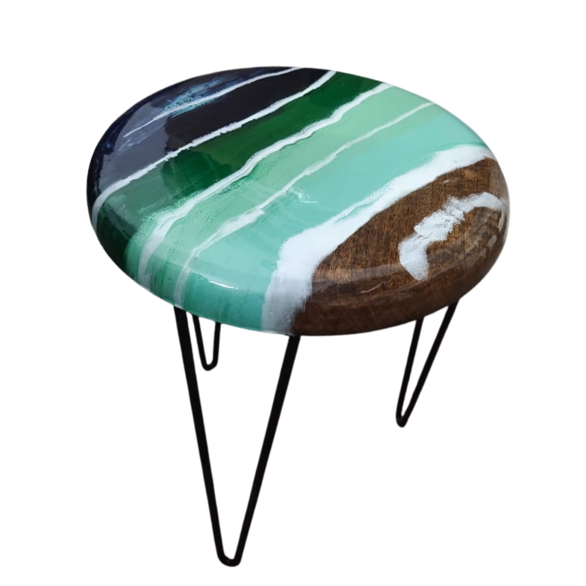 Handmade Epoxy Resin River Table with Wood & Turquoise - Modern Round Dining Table with Iron Legs - Glossy Finish for Living Room, Office, or Restaurant Decor