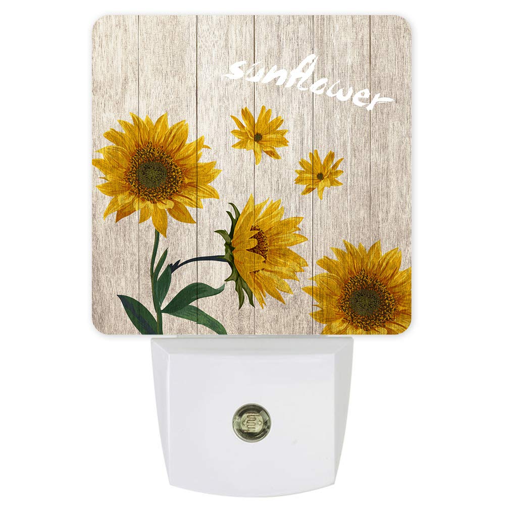 Sunflower Night Light with Dusk-to-Dawn Sensor - LED Plug-in Wall Light for Nursery, Kids Room & Bathroom - Wood Grain Decorative Nightlight for Bedroom, Hallway, Stairs - Perfect for Night Feedings, Safety & Home Decor