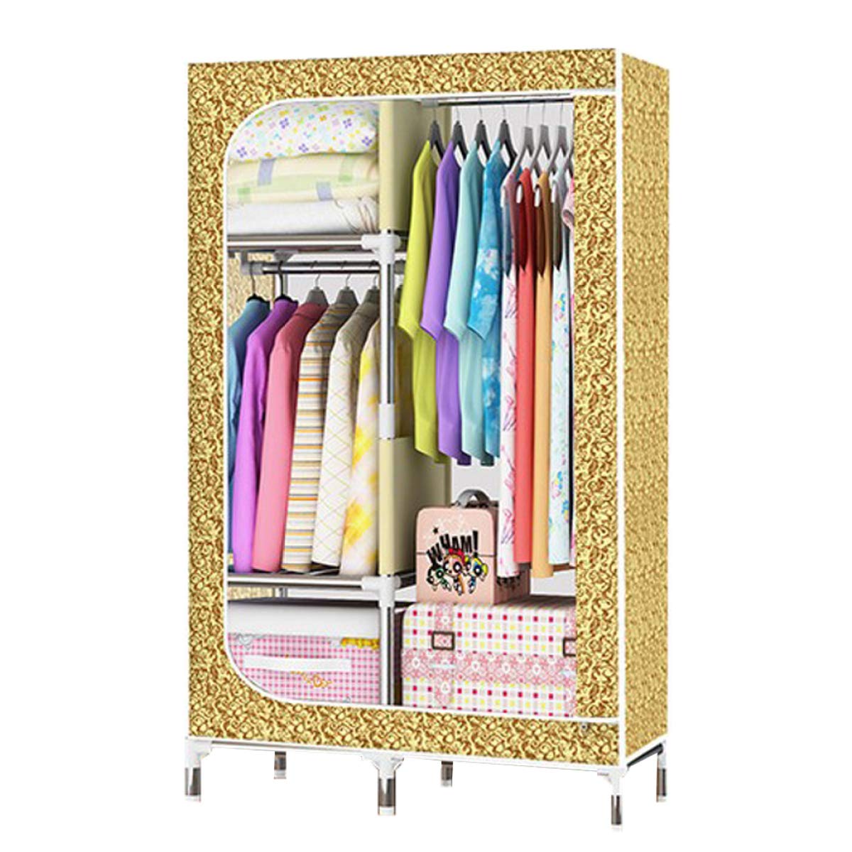 BYCDD Portable Cloth Wardrobe - Large Capacity Steel Pipe Closet Organizer with Extra Storage, Yellow (86x45x170cm) | Perfect for Bedroom, Dorm, Apartment & Small Space Organization