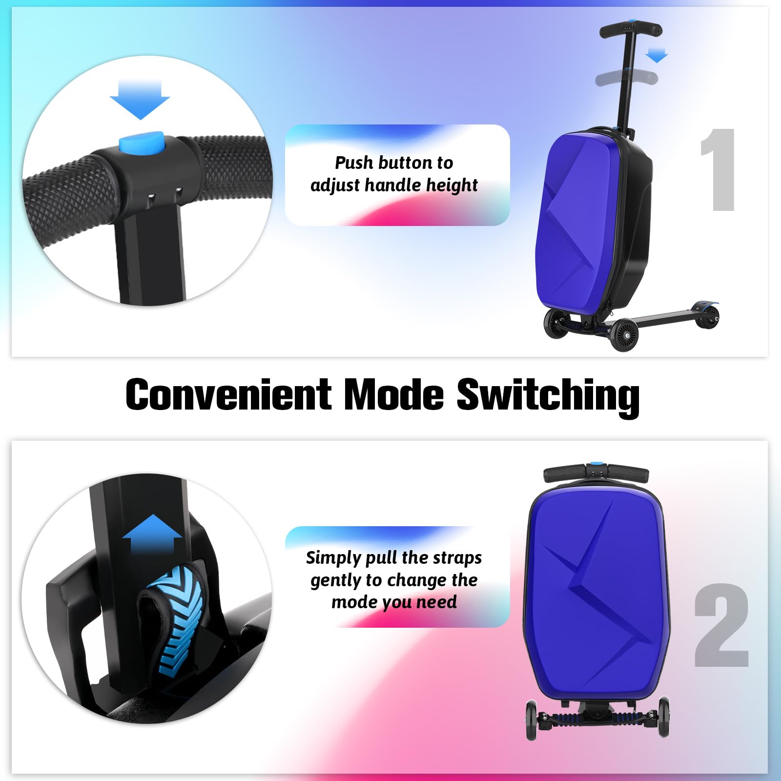 Best Ride-On Scooter Luggage for Kids & Adults - Lightweight Foldable Hardside Suitcase with Wheels for Ages 4-15 - Multifunctional Carry-On for Children & Teenagers (Sapphire Blue) - Perfect for Air Travel, Family Vacations & School Trips