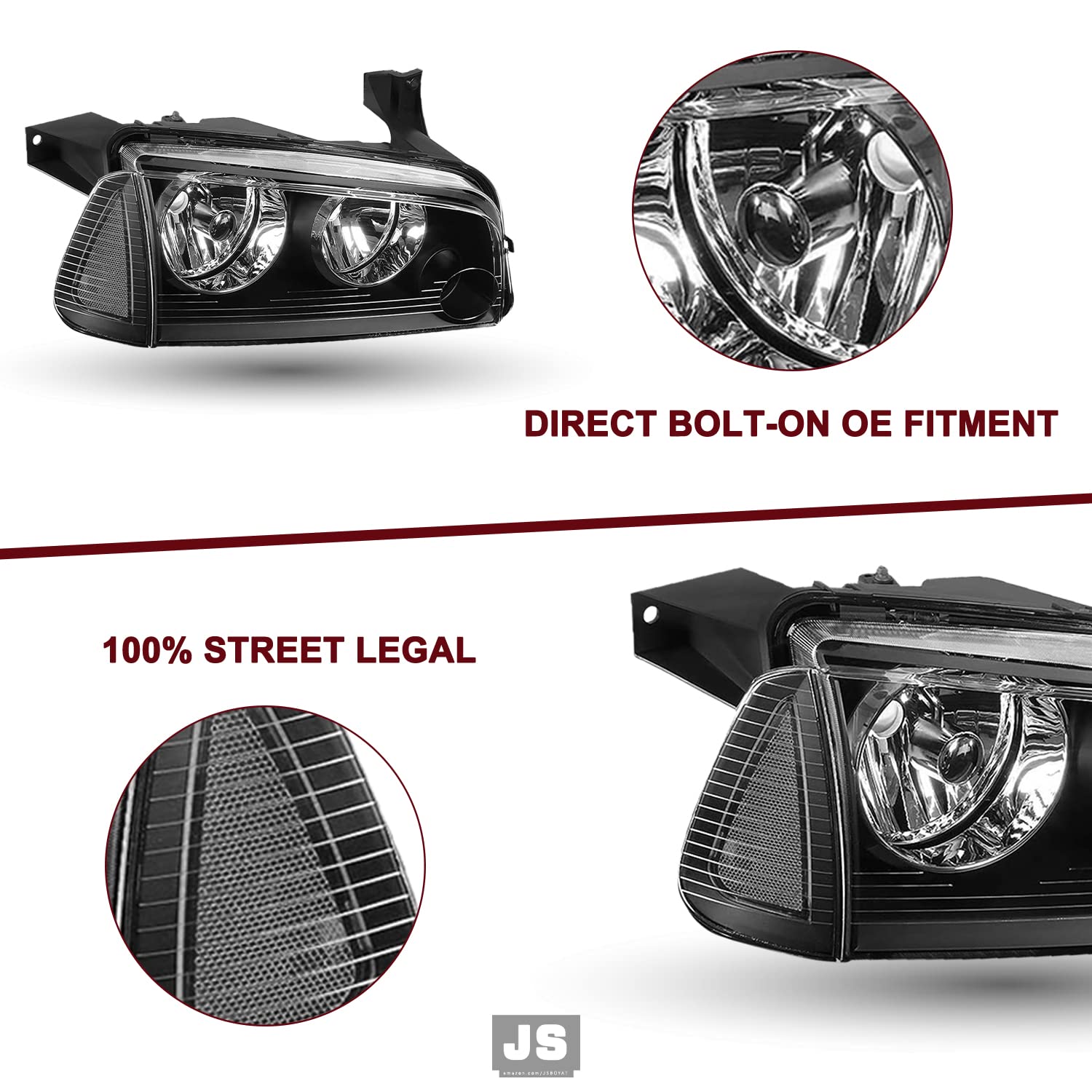 JSBOYAT 4Pcs Black Headlight Assembly with Clear Corner Lights - Compatible with 2006-2010 Dodge Charger | Perfect for Night Driving & Car Upgrades