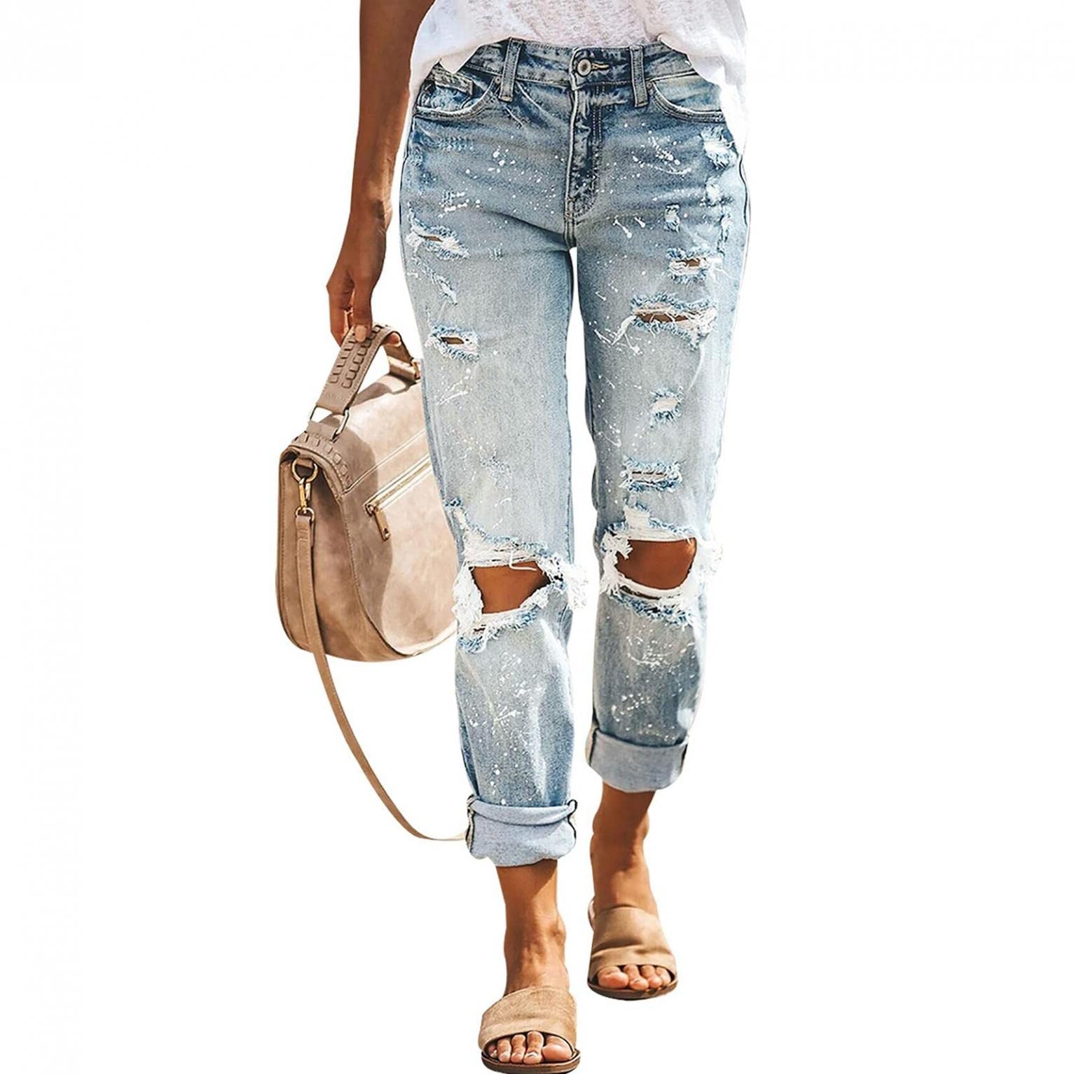 Women's Ripped Skinny Jeans - Stretch Denim Pants Slim Fit Distressed Jeans for Casual Wear & Night Out | Trendy Fashion for Everyday Style