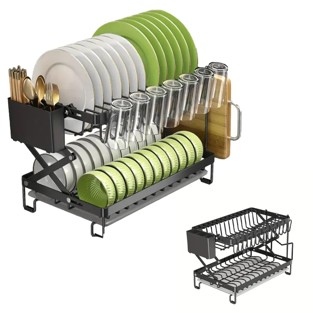 Foldable 2-Tier Over The Sink Dish Drying Rack with Glass & Utensil Holder | Durable Metal Kitchen Counter Dish Drainer | Space-Saving Solution for Small Kitchens & Apartments