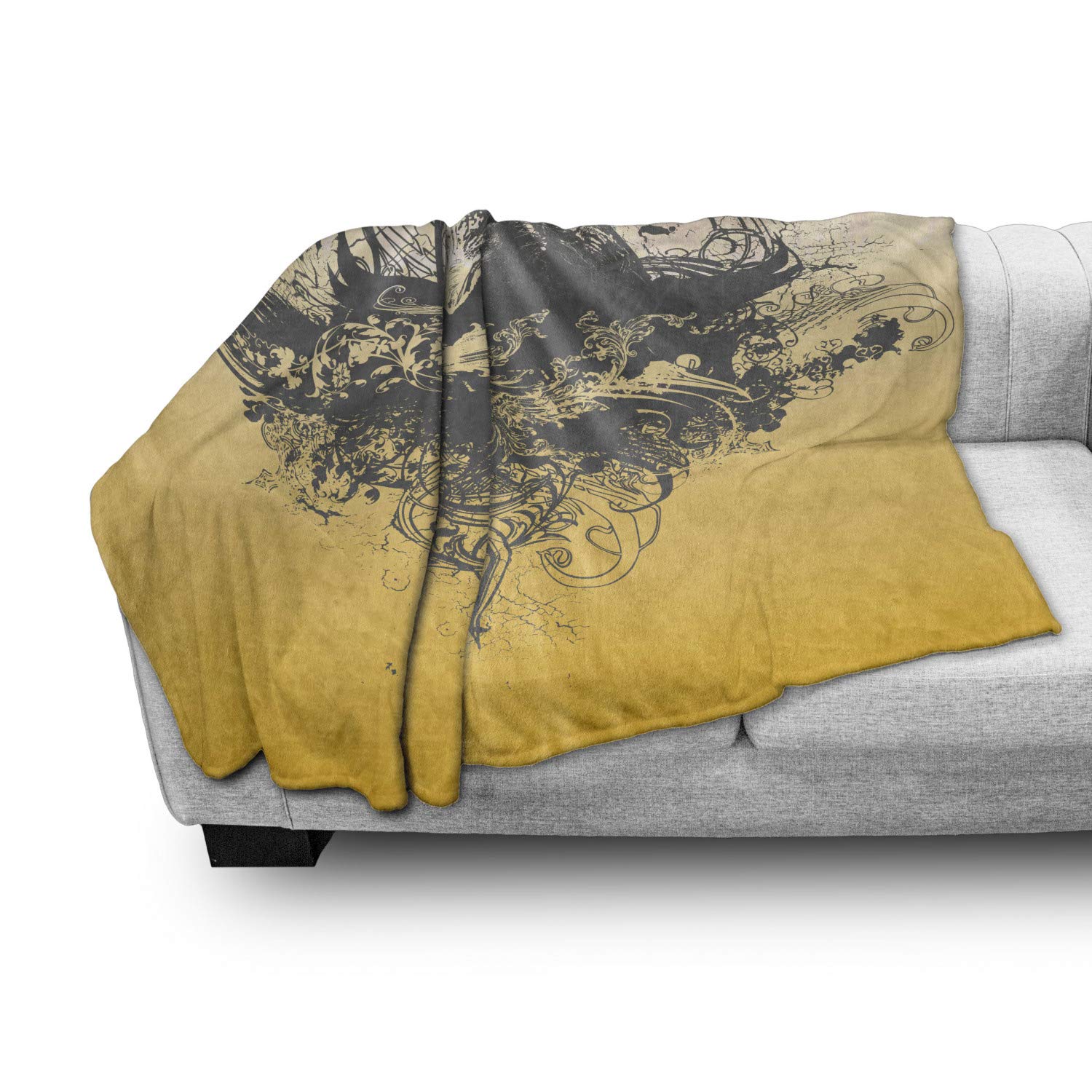 Ambesonne Halloween Throw Blanket - Black & Mustard Wicked Crow & Ornate Flowers Flannel Fleece Blanket (60