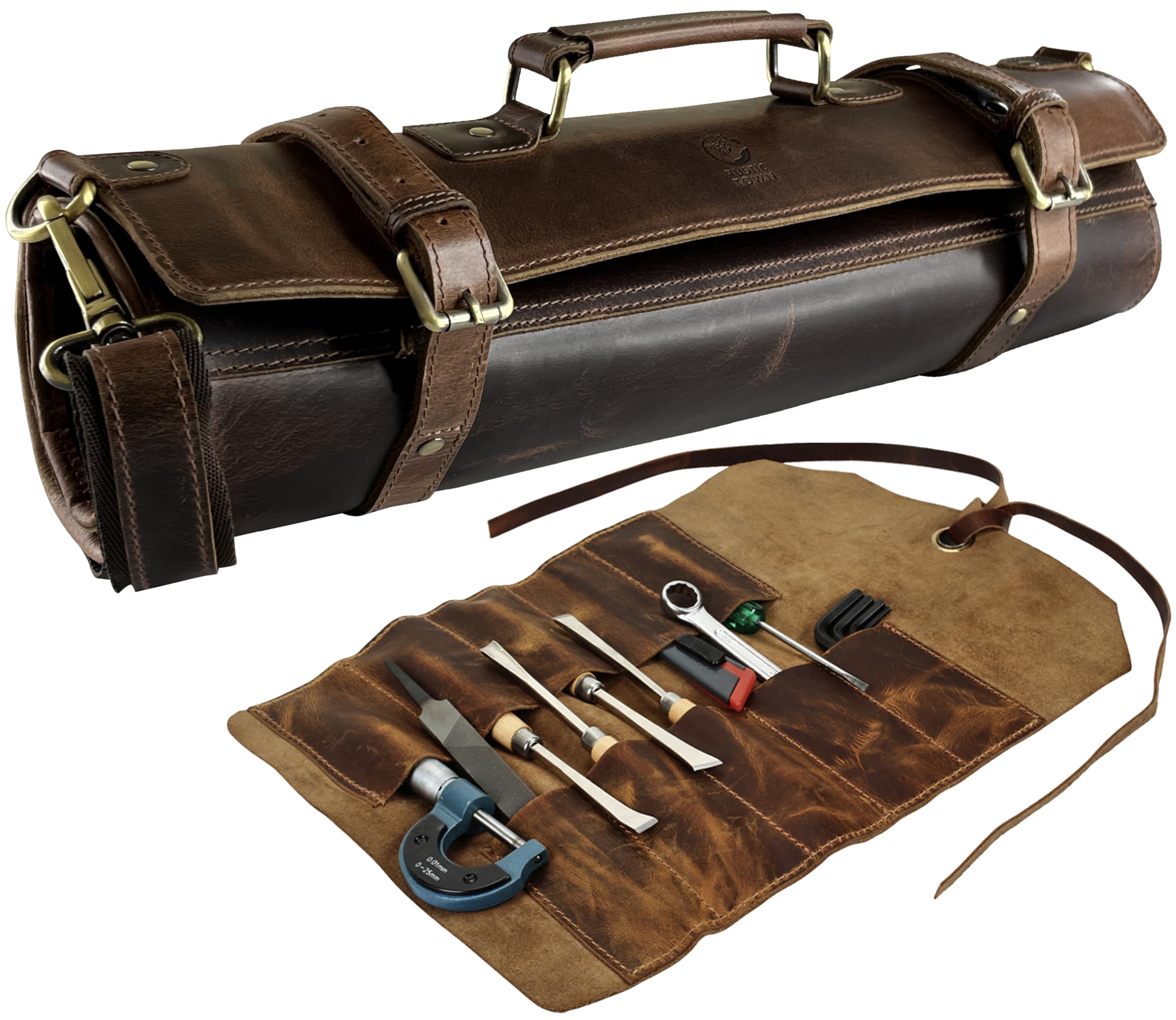 Premium Leather Knife Roll Storage Bag - Professional Chef Knife Case with Tool Pouch | Compact & Travel-Friendly | Ideal for Chefs, Culinary Students & Outdoor Cooking