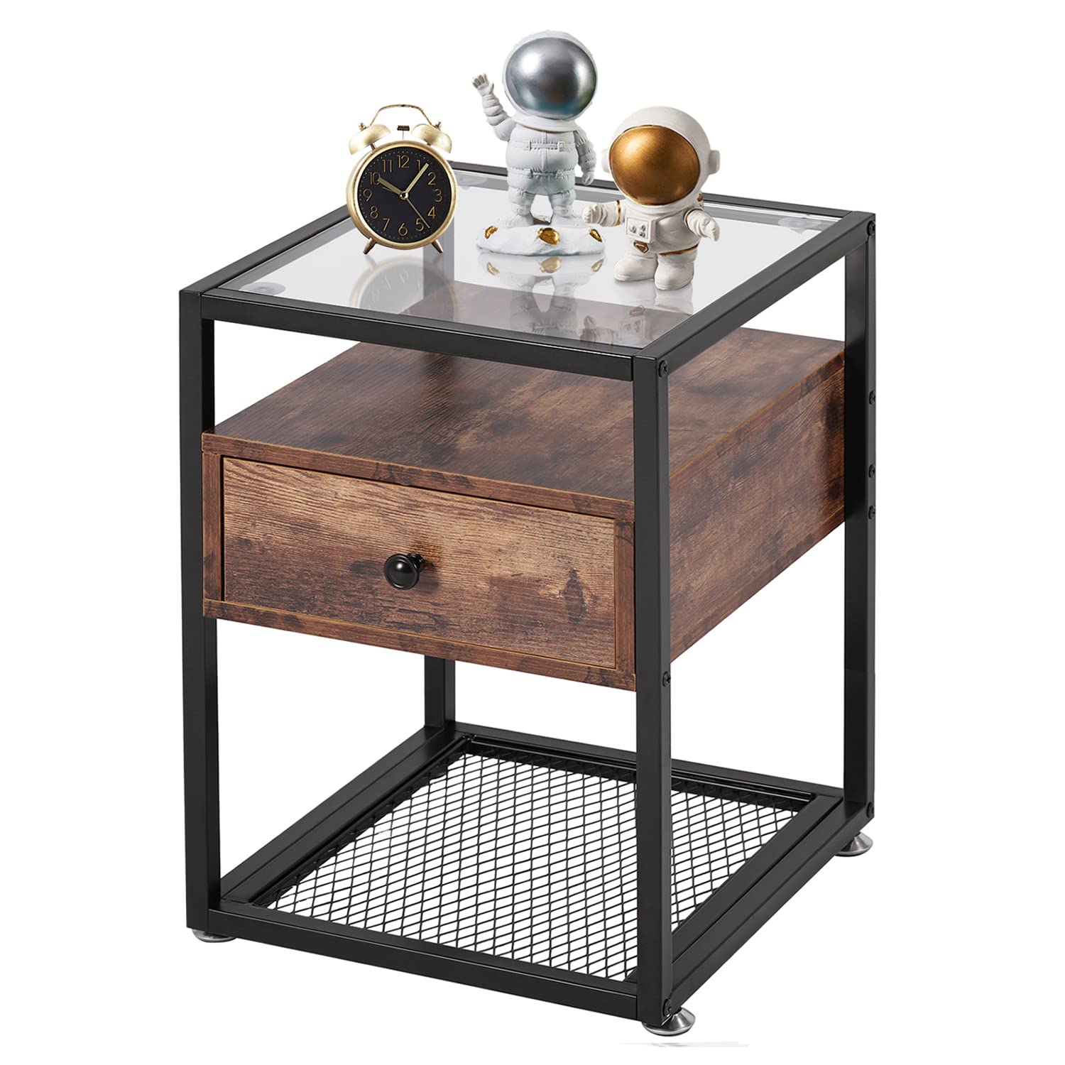 Modern Nightstand with Tempered Glass Top & Drawer - Rustic Brown End Table with Metal Frame for Bedroom, Living Room & Lounge - Perfect for Storing Books, Lamps & Bedside Essentials