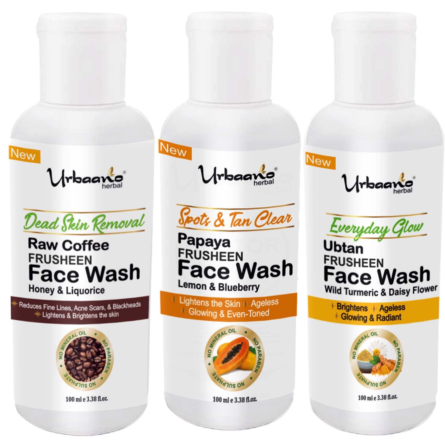 Urbaano Herbal Frusheen Face Wash Combo - SLS & Paraben Free, Dark Spot & Pigmentation Treatment (Coffee, Ubtan, Papaya) 3x100ml for Men & Women - Perfect for Daily Skincare & Brightening Routine