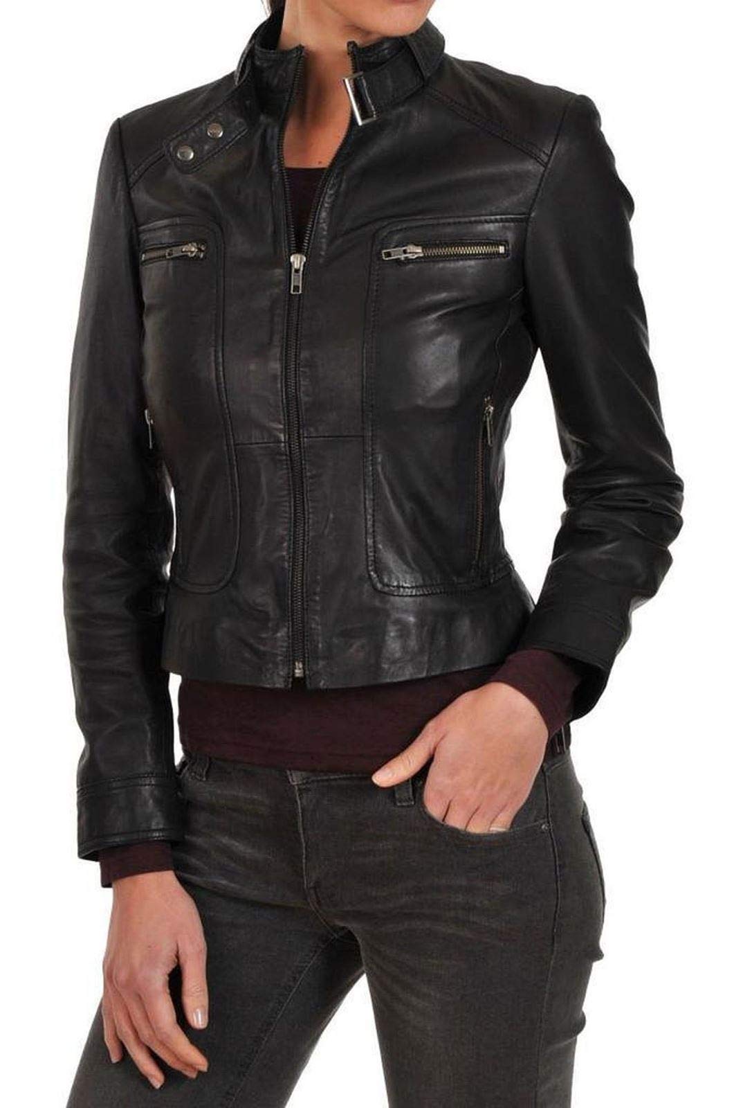 Women's Lambskin Leather Bomber Jacket - Medium Black | Vintage Biker Style Jacket for Women | Perfect for Motorcycle Riding, Casual Outfits & Night Out