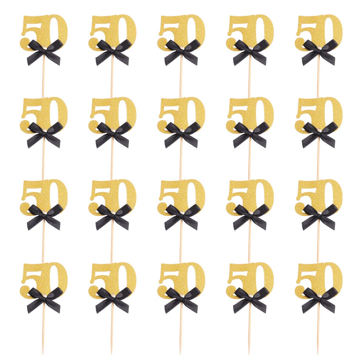 Amosfun 20pcs Glitter Happy Birthday Cake Toppers - Gold & Silver Bow Cake Inserts for 50th Birthday, Anniversary Party Decorations - Perfect for Wedding, Baby Shower, Retirement Celebrations and Special Occasions