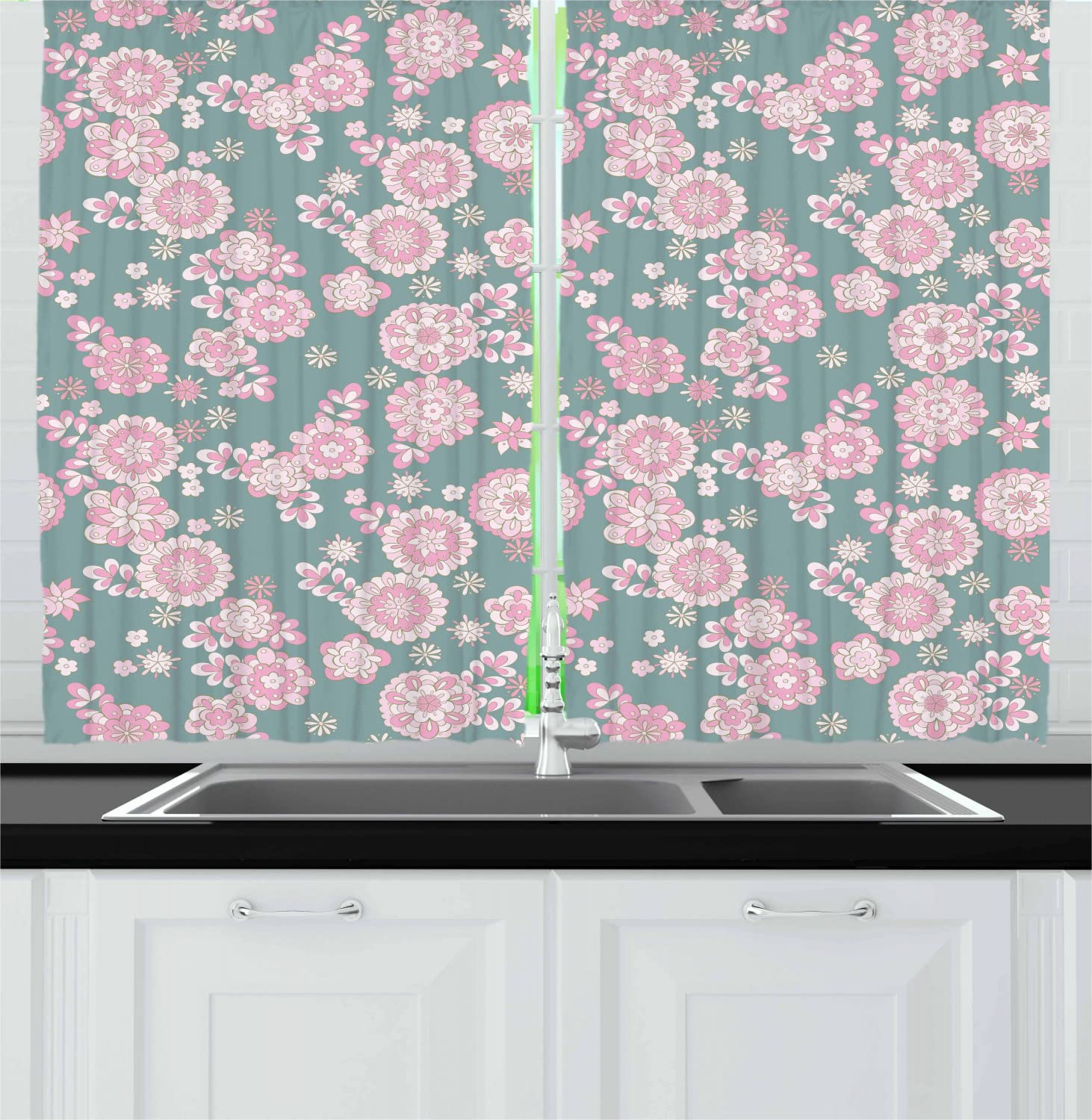 Ambesonne Floral Long Kitchen Curtains - Romantic Pastel Botanical Drapes with Rod Pocket, 55