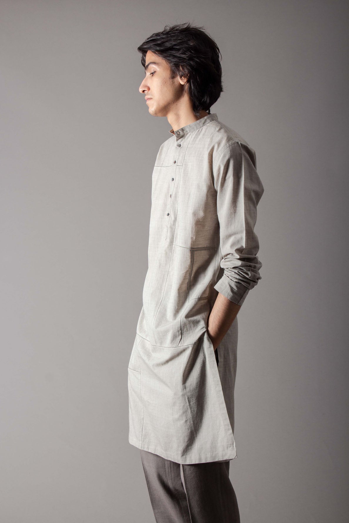 Andaaz Lattice Kurta - Handspun Handwoven Cotton Grey Chambray Tunic Top for Women | Boho Chic Ethnic Wear for Casual Outings & Festive Occasions
