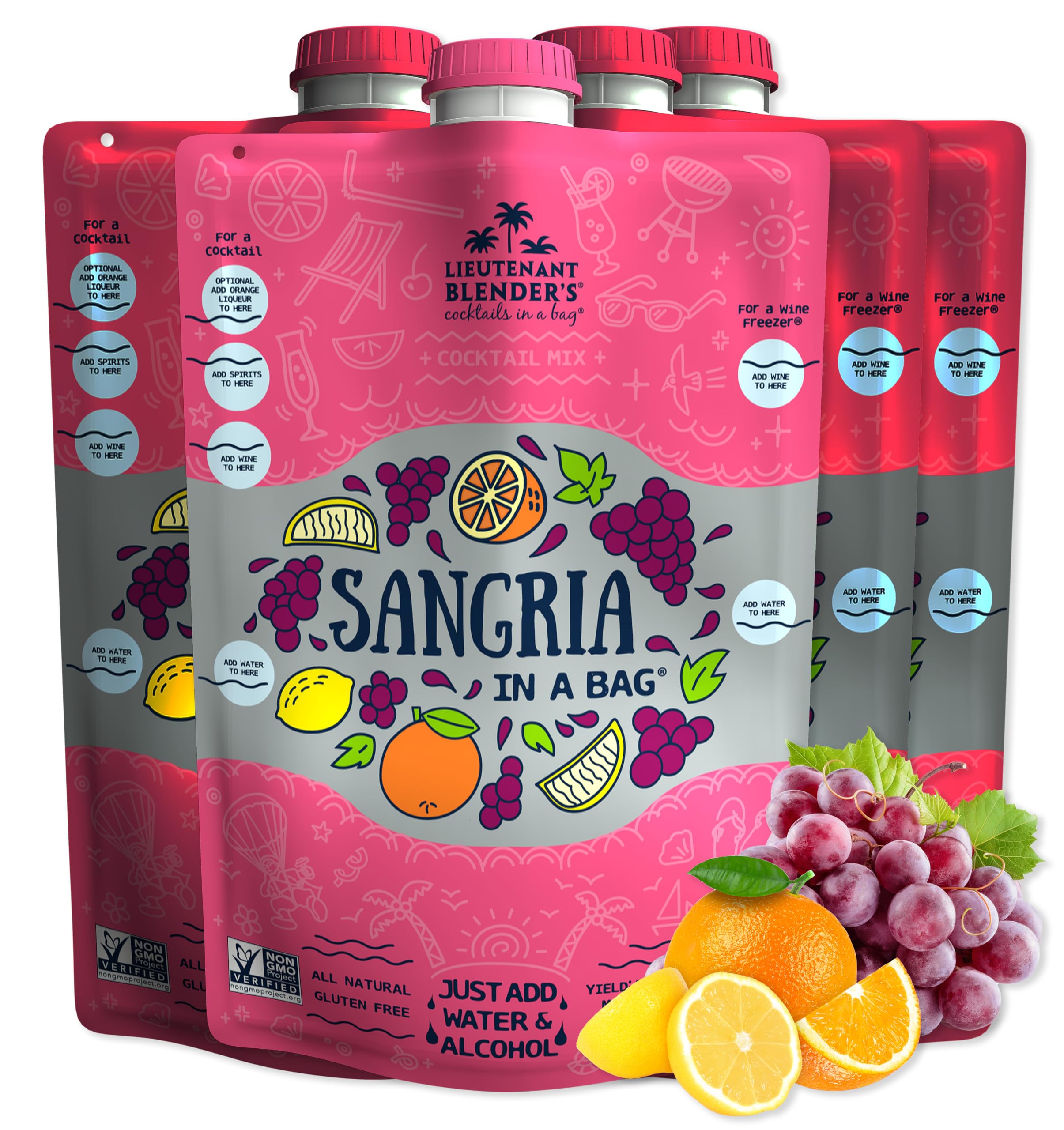 Lt. Blender's Sangria in a Bag – Premium Wine Slushie Mix (Pack of 4) – Non-GMO Frozen Red Sangria Mix Makes 1/2 Gallon per Bag – Mix with Wine, Liquor or Make Alcohol-Free Mocktails – Perfect for Summer Parties, BBQs & Poolside Relaxation