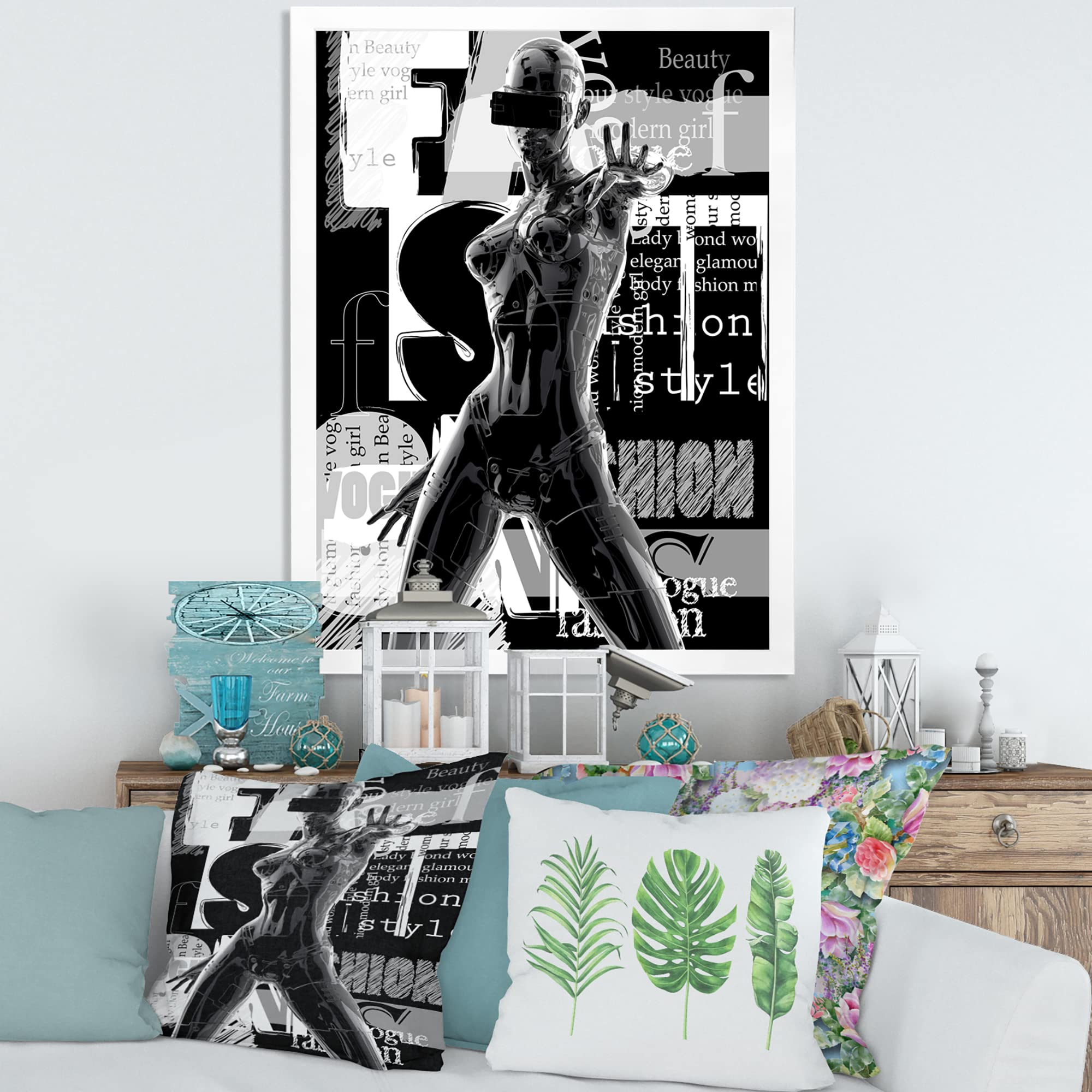 DesignQ Monochrome Cyborg Body II Modern Framed Wall Art Print - Futuristic Home & Office Decor for Living Room, Bedroom, or Studio
