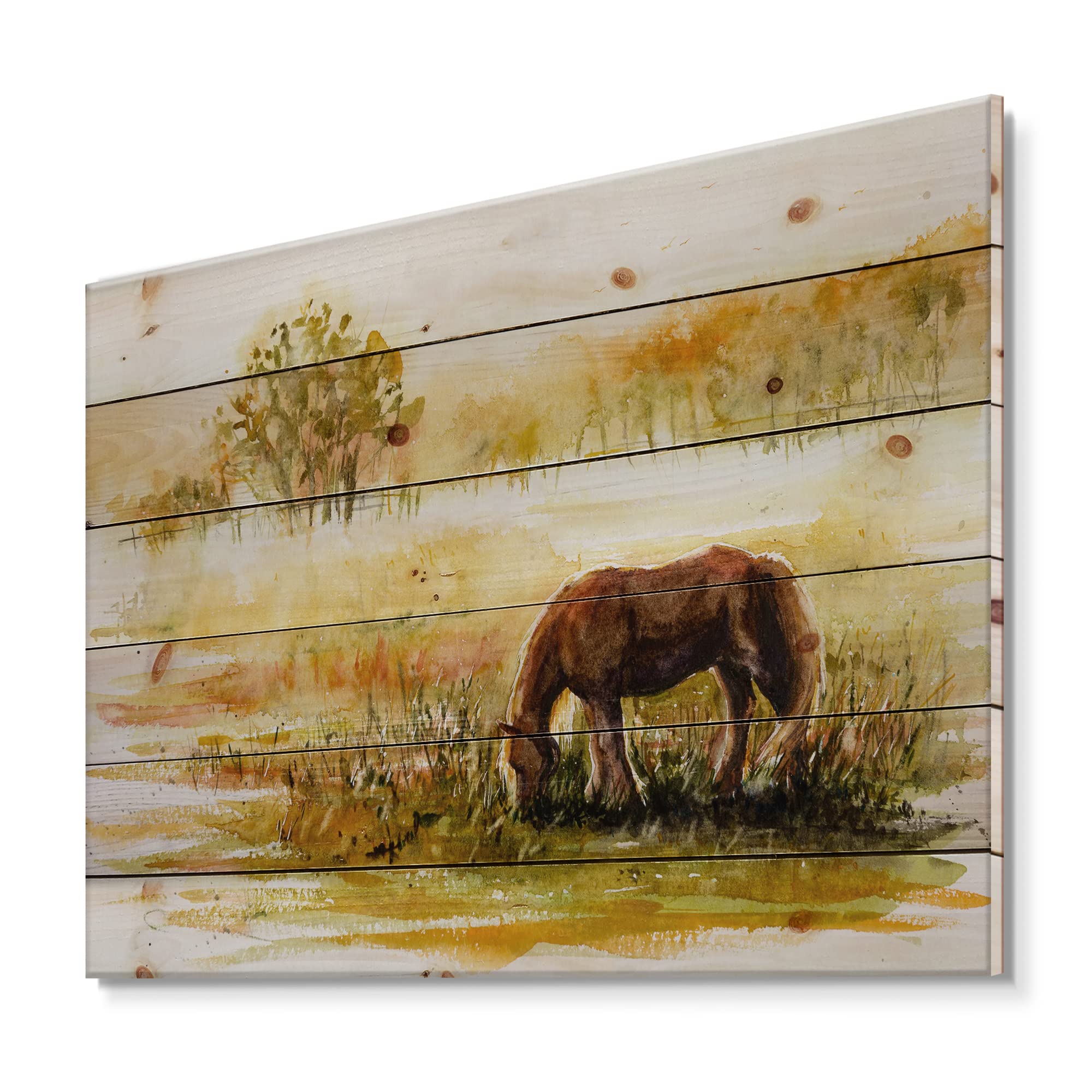 Farmhouse Wood Wall Decor - Horse Grazing On Meadow Art Print, Yellow Animal Wall Art Panel, Large Pine Wood Wall Hanging for Living Room, Bedroom & Office Decor