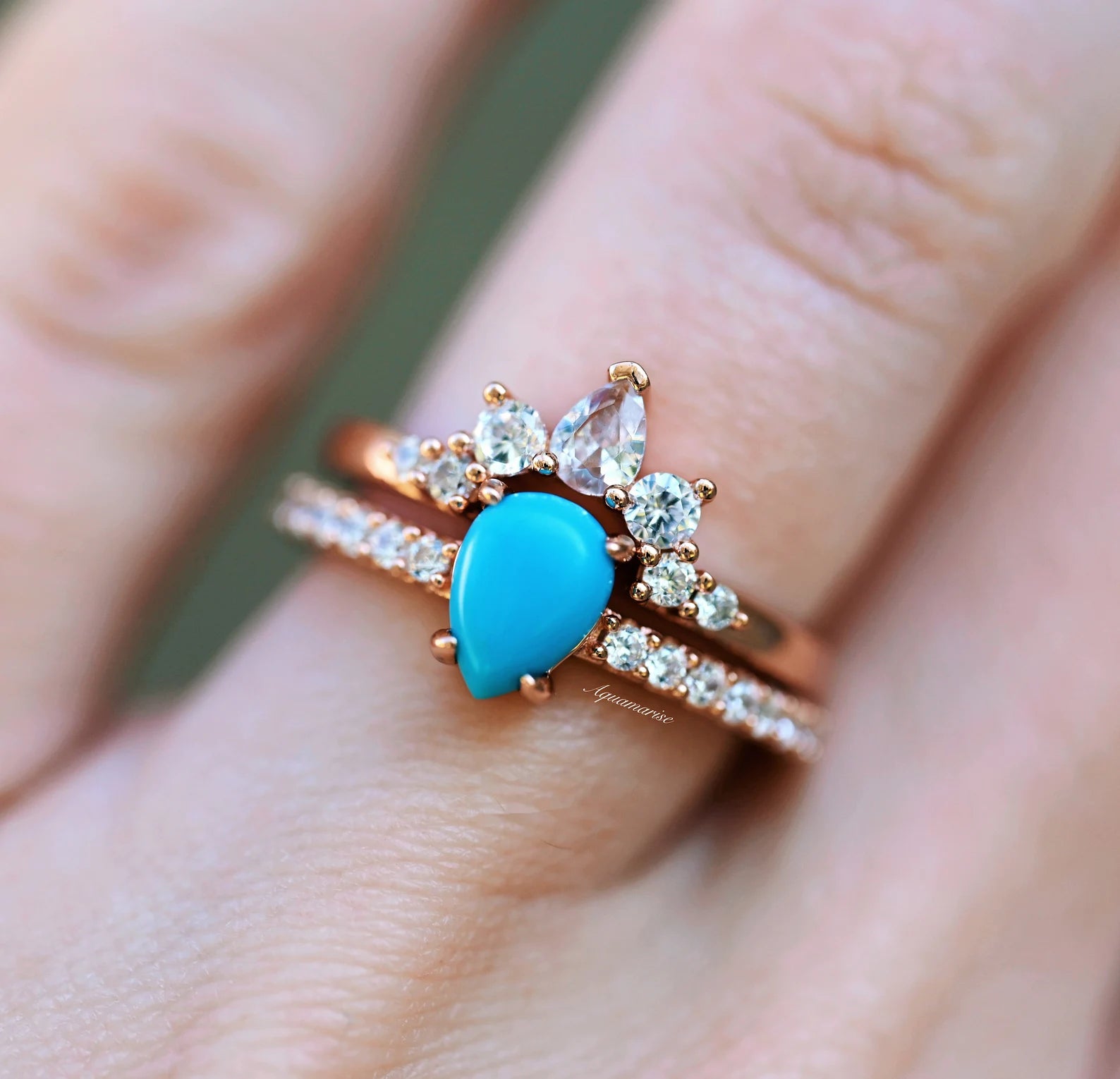 Natural Turquoise Ring Set - 14K Rose Gold Vermeil Jewelry for Women | Boho Chic Accessories for Everyday Wear & Special Occasions