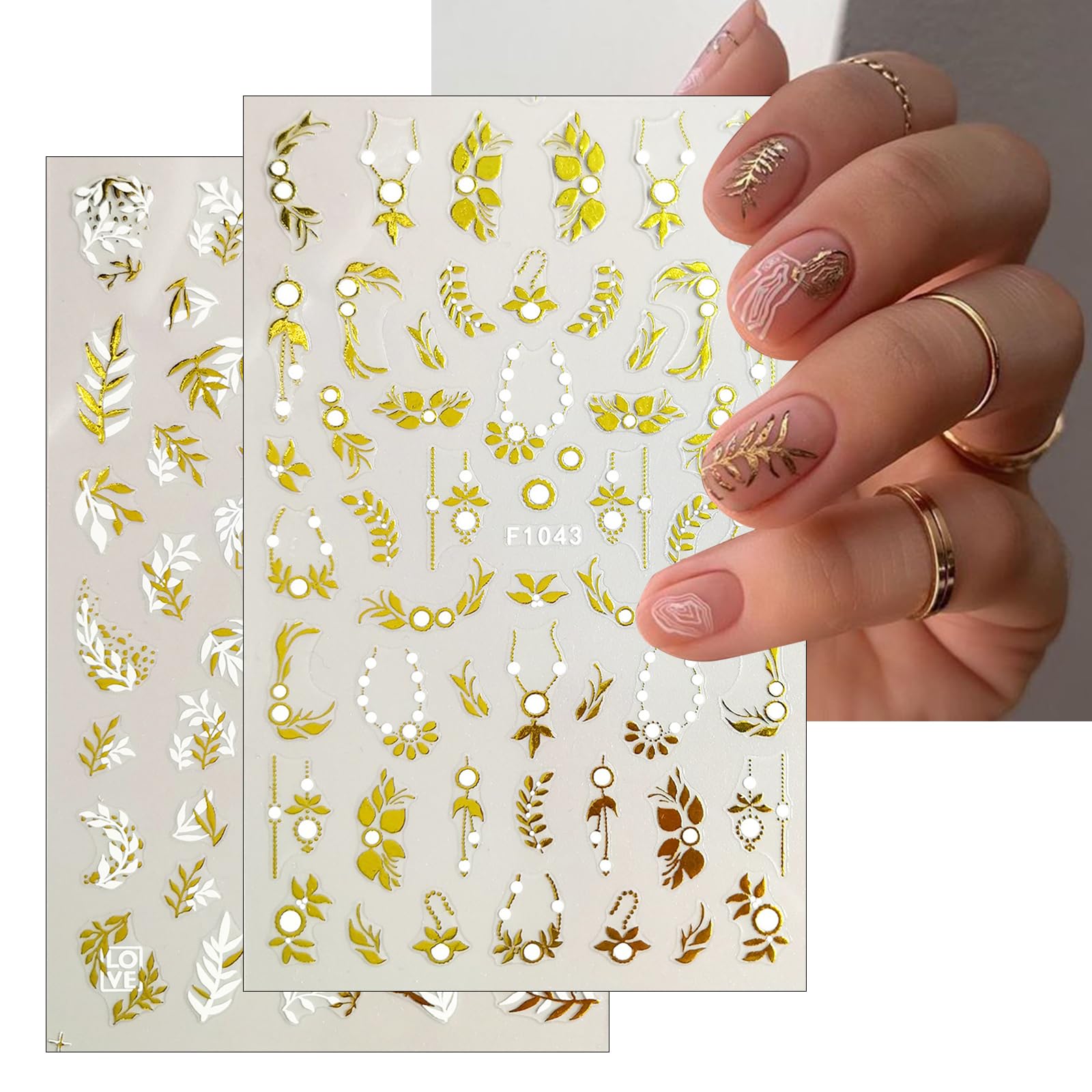 8 Sheets White Gold Flower Nail Art Stickers - 3D Self-Adhesive Daisy Floral Leaves Nail Decals with Holographic Cherry Blossom & Metal Petal Butterfly Designs for Women | Perfect for Nail Salon, DIY Manicure, Party & Wedding Nail Decorations