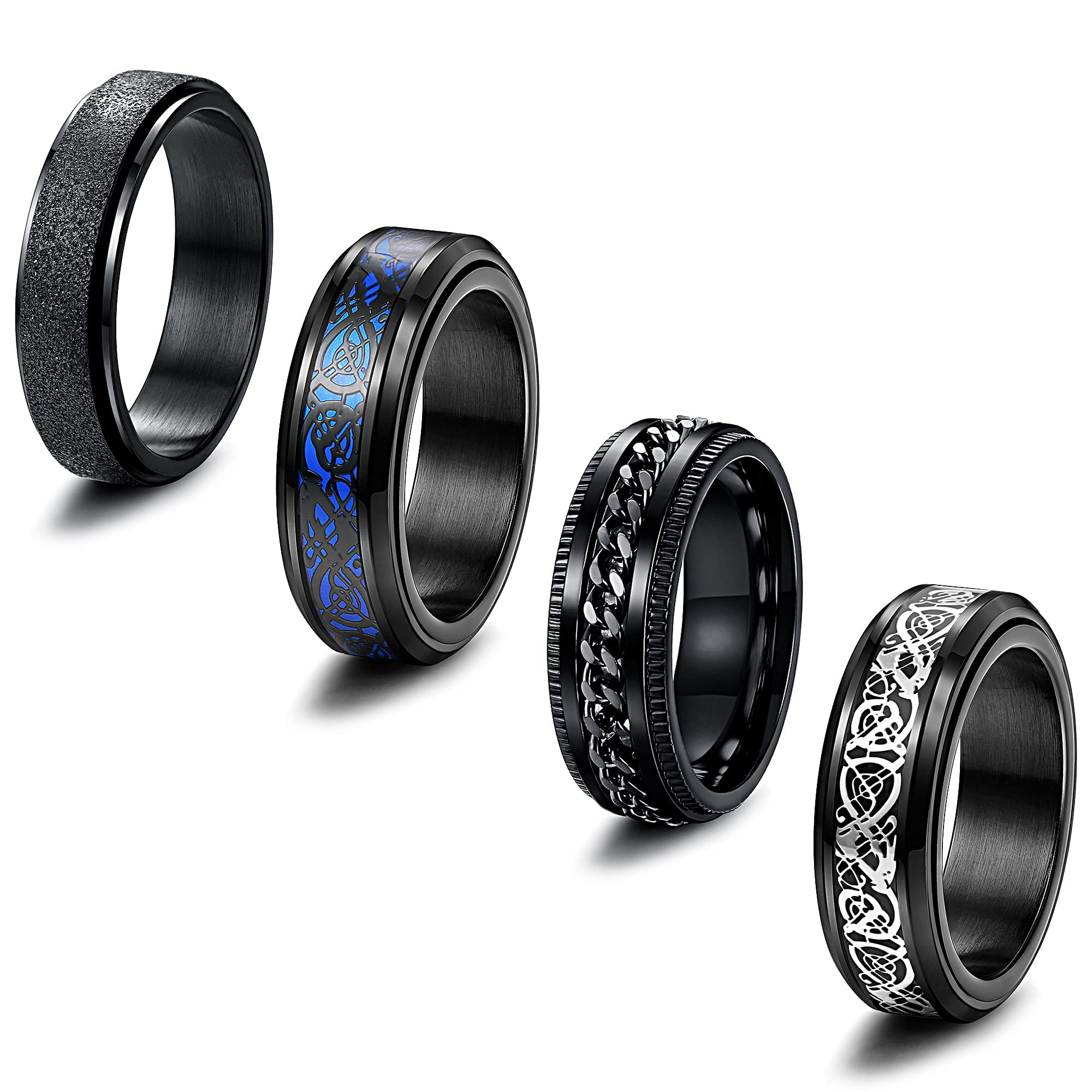 Anxiety Spinner Ring for Stress Relief - Black Stainless Steel Fidget Ring for Men & Women | Dragon Design Bling Jewelry | Perfect for ADHD, Anxiety & Focus Aid
