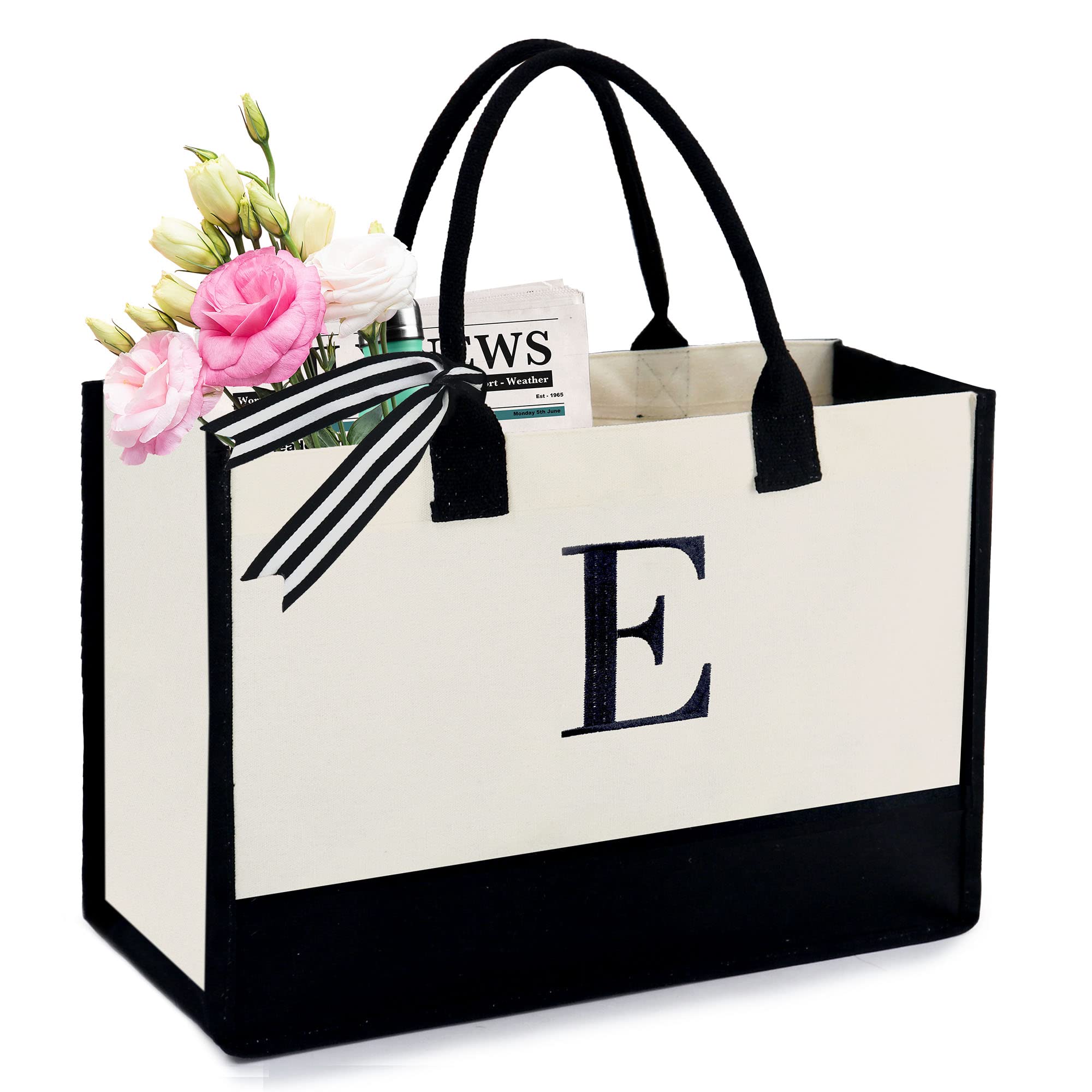 BeeGreen Personalized Initial Tote Bag for Women - 13oz Canvas Gift with Pocket - Birthday Present for Sister, Mom, Friends & Teacher - Perfect for Work, Shopping & Beach Outings