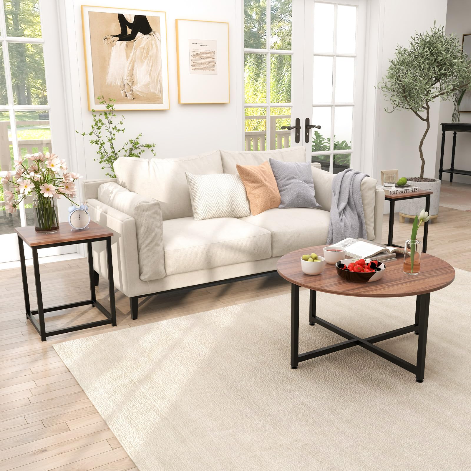 COSTWAY 3-Piece Coffee Table Set - Round Wood Grain Coffee Table & 2 Square End Tables with Sturdy Metal Frame, Modern Living Room Furniture for Small Spaces & Apartments (Walnut & Black) | Perfect for Compact Living Rooms, Studio Apartments & Cozy Home Decor