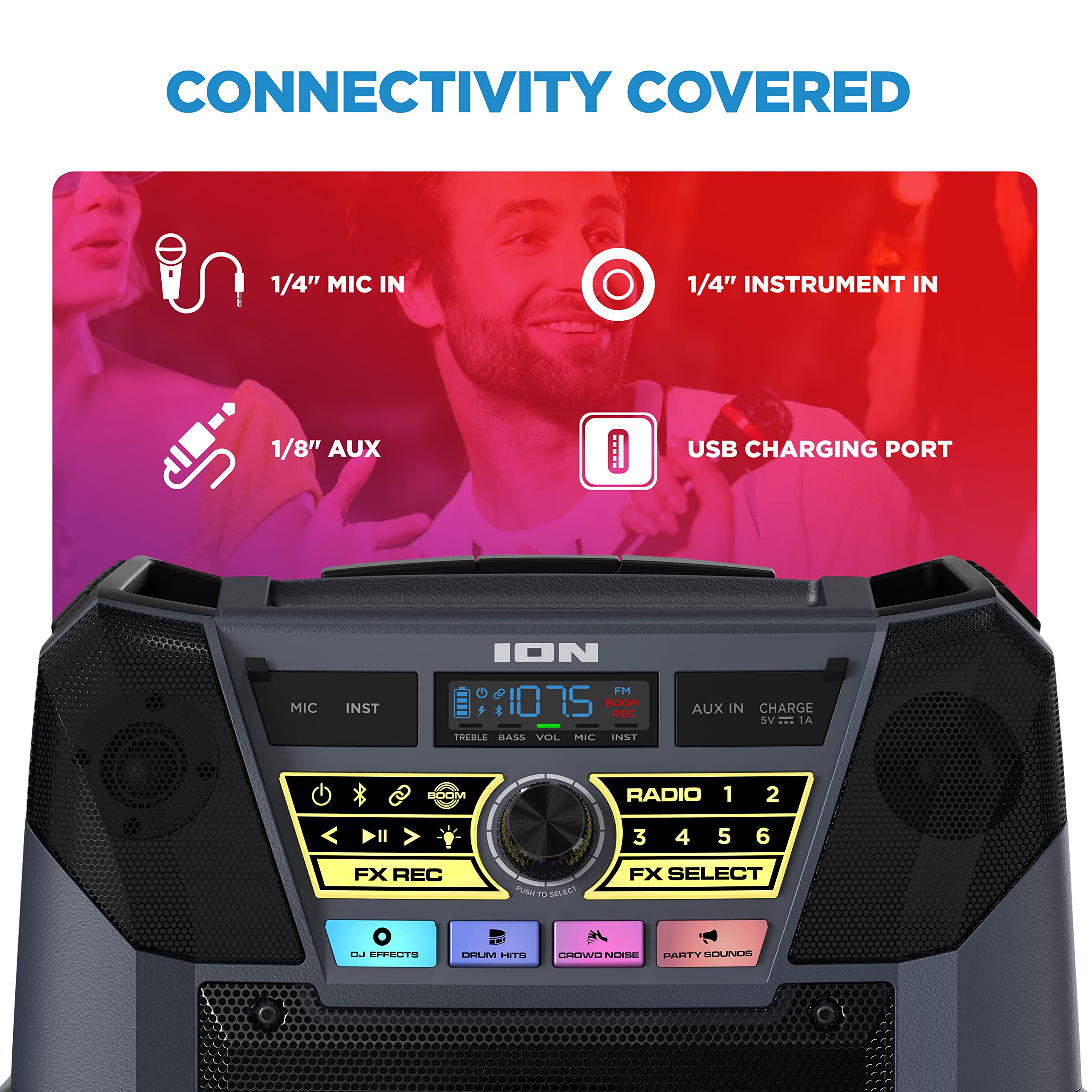 ION Block Rocker XL - 220W Portable Bluetooth Party Speaker with Karaoke Mic, Rechargeable Battery, 5 Speakers, LED Lights, FM Radio, USB Charging & App - Perfect for Outdoor Events, Beach Parties, Backyard BBQs and Tailgating