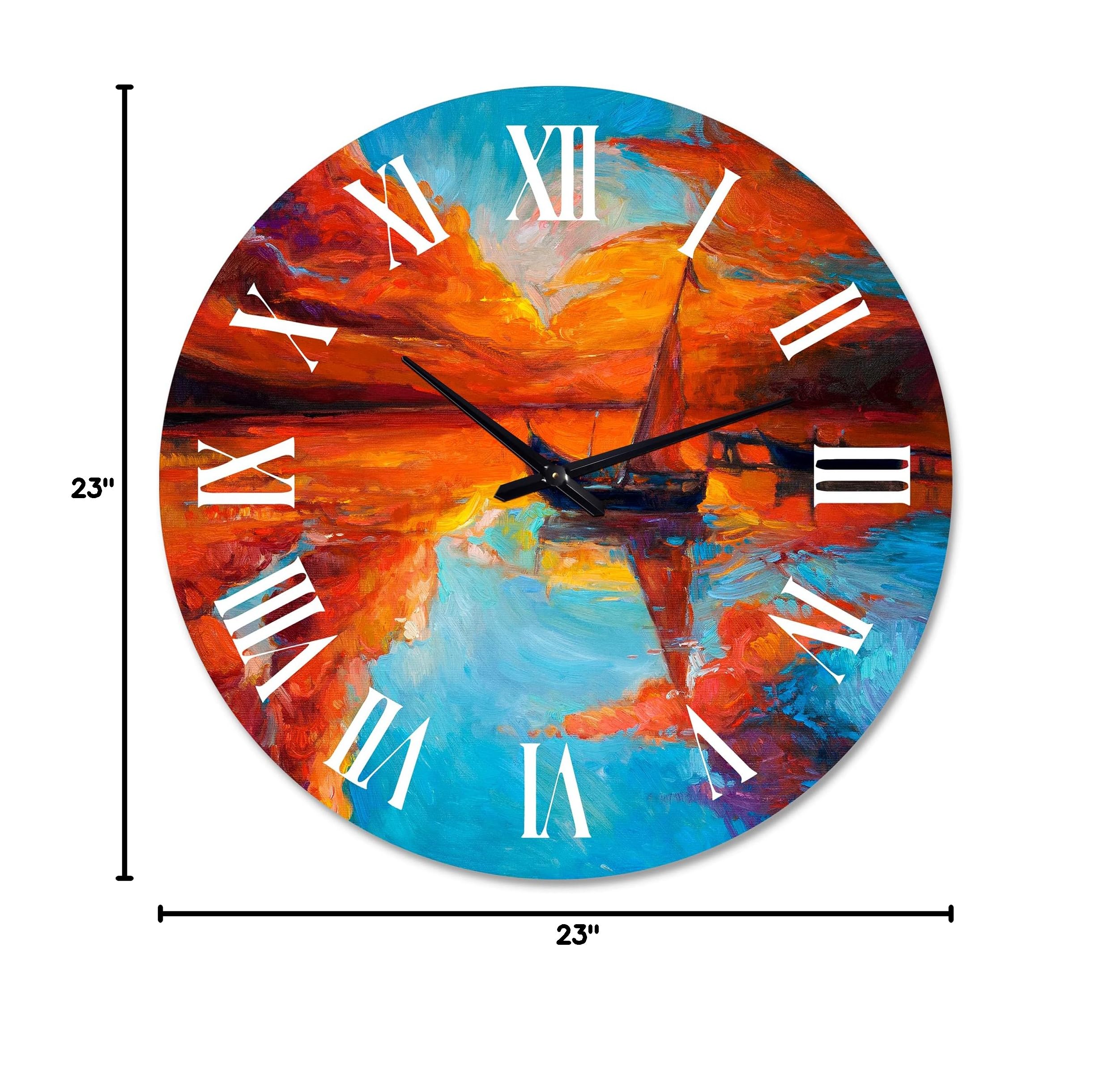 Nautical Coastal Wall Clock - Little Boat at Sunset, Round Red Wall Clock for Home & Office Decor | Perfect for Beach House, Living Room, or Coastal-Themed Spaces
