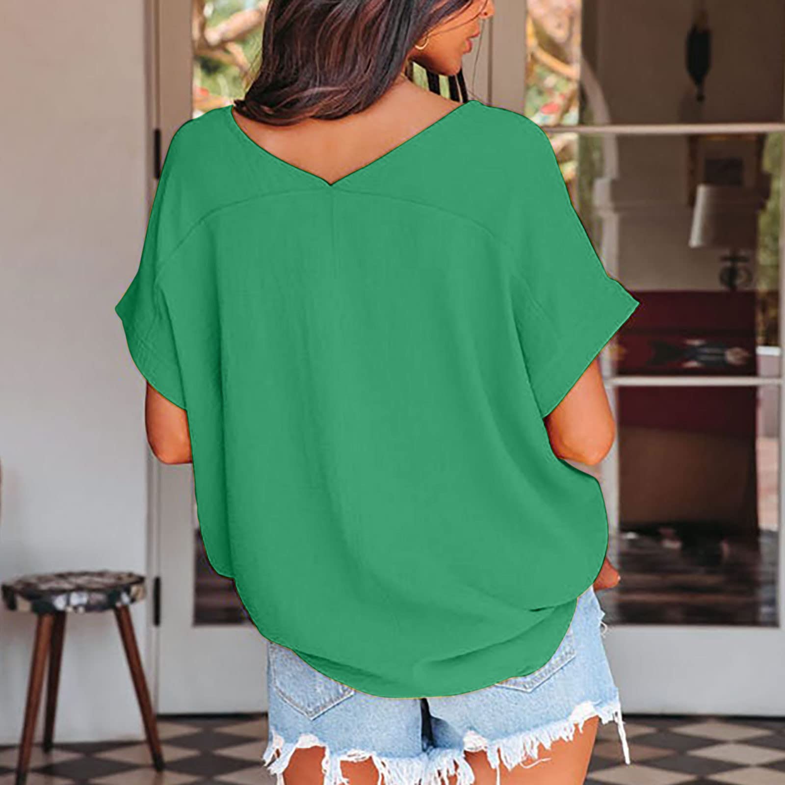 Women's Summer T-Shirts - Short Sleeve V-Neck Casual Blouse, Trendy Loose Fit Solid Color Tees for Everyday Wear & Outfits