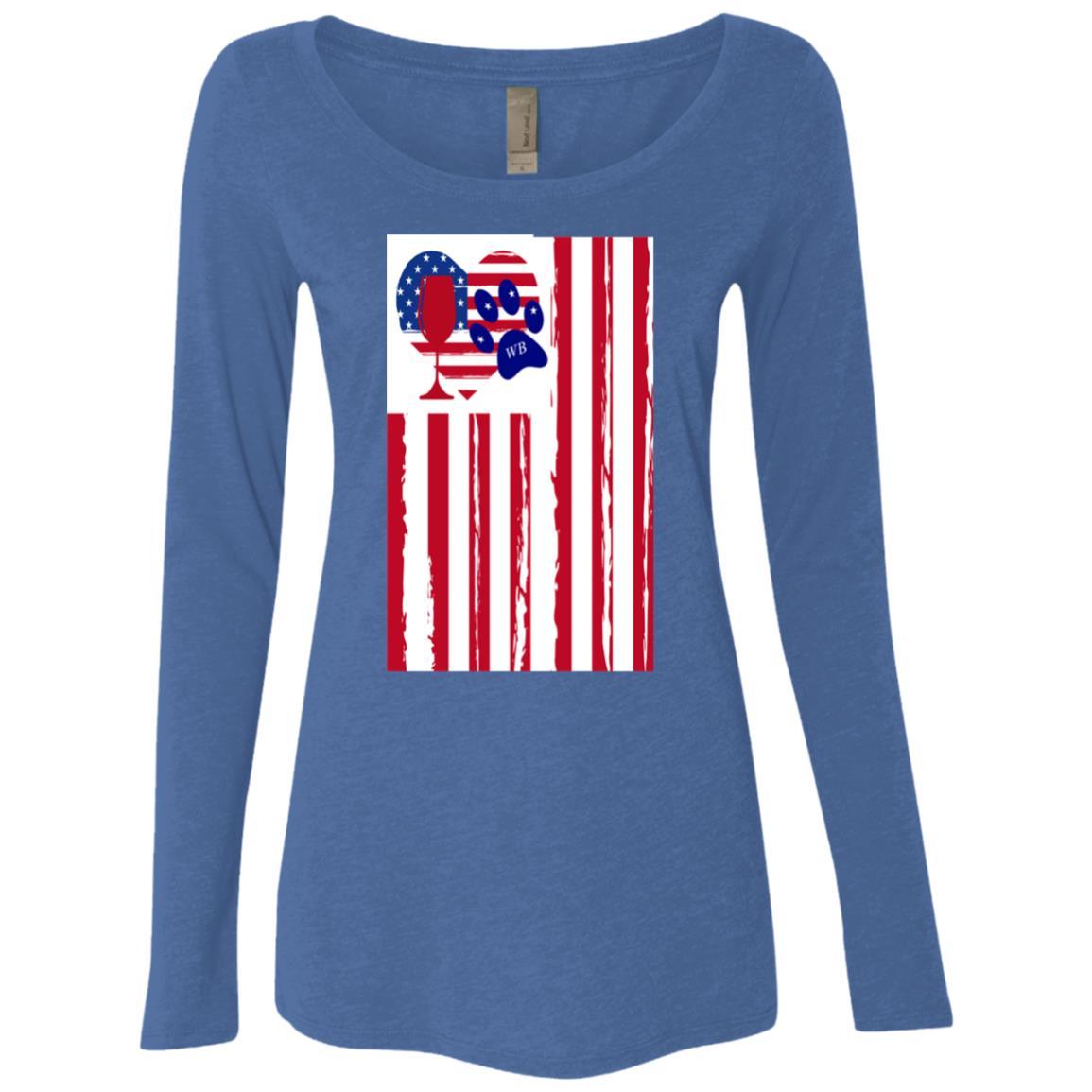 American Flag Wine Glass - Patriotic Heart Paw Print Design for Women | Long Sleeve Scoop Neck Triblend Shirt | Perfect for 4th of July, Memorial Day & Girls Night Out