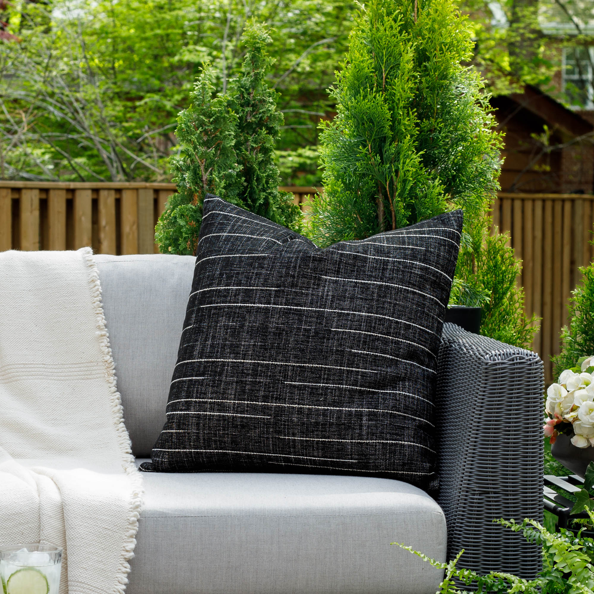 Premium Yuzu 22x22 Outdoor Throw Pillow in Onyx Black - Waterproof & UV Resistant for Patio, Poolside, Garden & Porch Decor