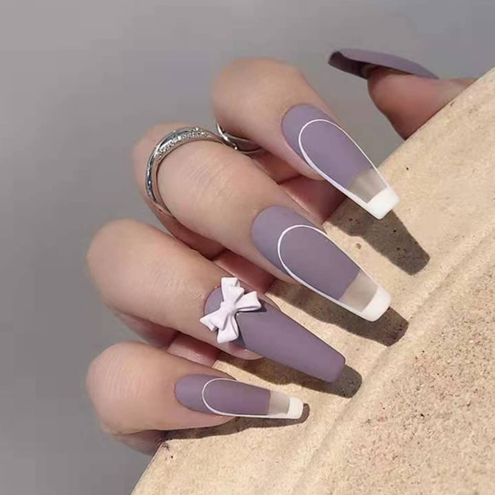 Rattan Purple French Bow Press-On False Nails - Durable & Easy Manicure - Fake Nails with Bow Design - Removable Nail Stickers for Parties, Weddings & Special Occasions