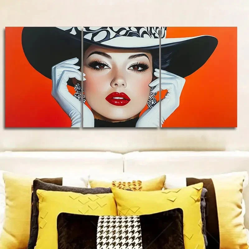 3-Piece Fashionable Woman in Black Hat Wall Art Set - Framed Canvas Prints 40x60cm - High Quality Australian Made Wall Decor - Perfect for Living Room, Bedroom & Office Decoration