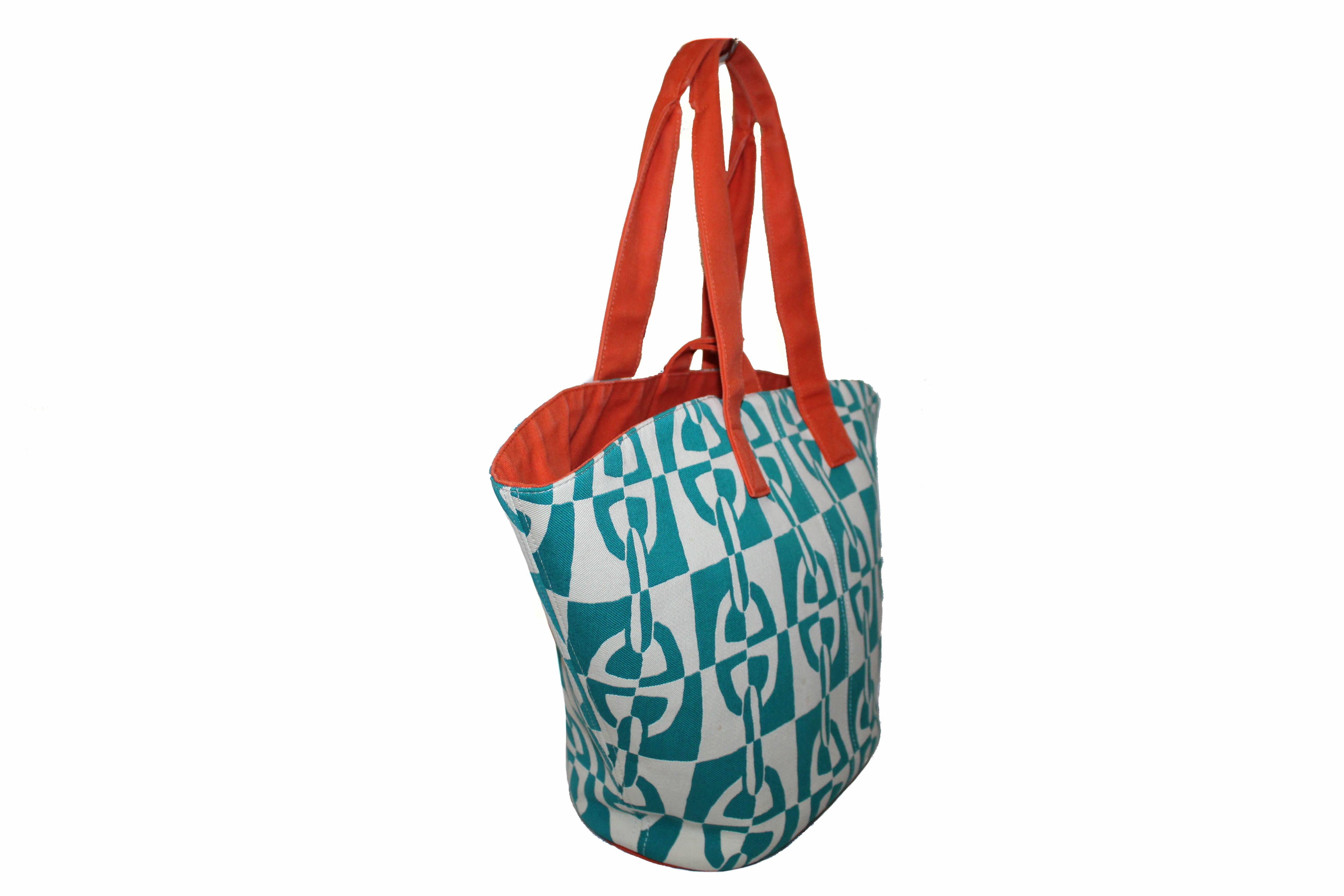Authentic Hermes Orange with Green Canvas Chain De Ancre Beach Tote Shoulder Bag - Luxury Designer Handbag for Women, Perfect for Summer Vacations, Beach Trips, and Casual Outings