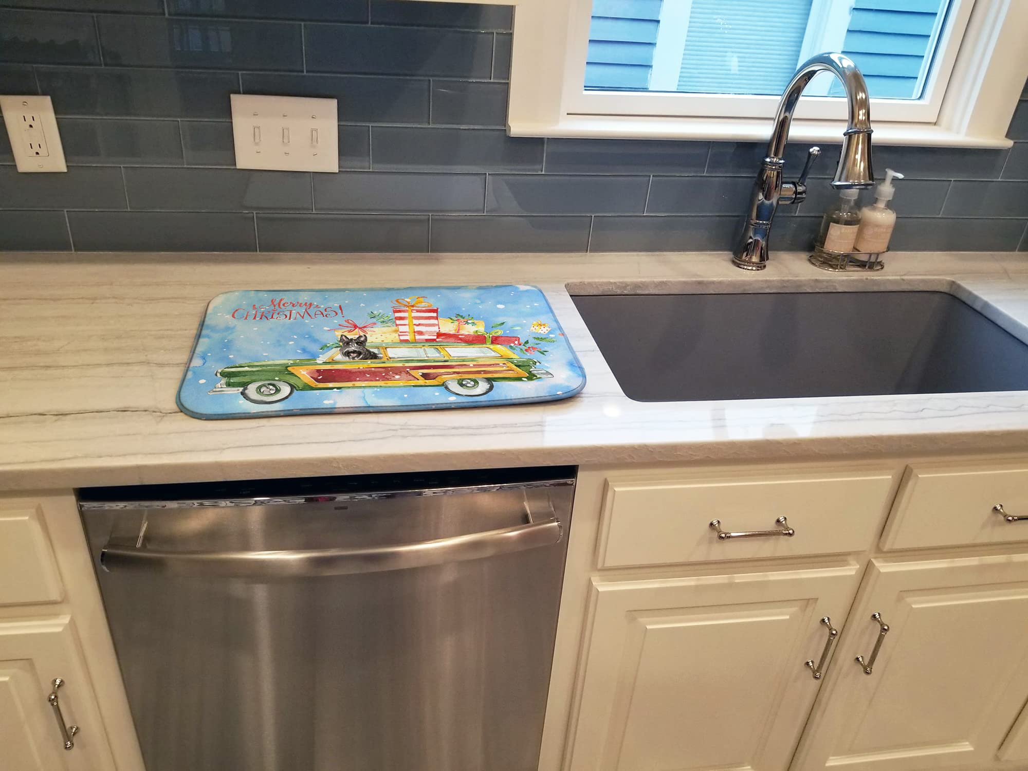 Christmas Scottish Terrier Dish Drying Mat - Absorbent Kitchen Counter Pad for Holiday Decor