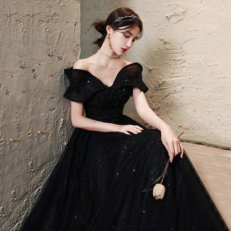 Black Sparkly Off Shoulder Long Prom Dress for Women - Elegant Formal Evening Gown with Sequins - Perfect for Homecoming, Prom Night, Wedding Guest & Special Occasions