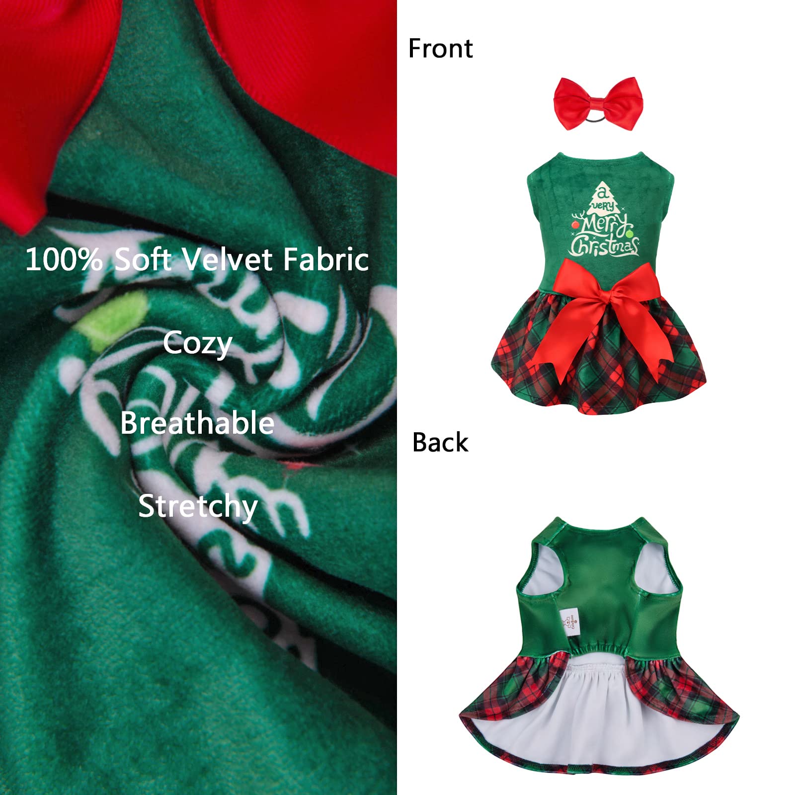 CuteBone Christmas Tree Dog Dress - Velvet Plaid Puppy Clothes for Small Dogs & Girls (Green, XS) - Perfect for Holiday Photos & Festive Parties