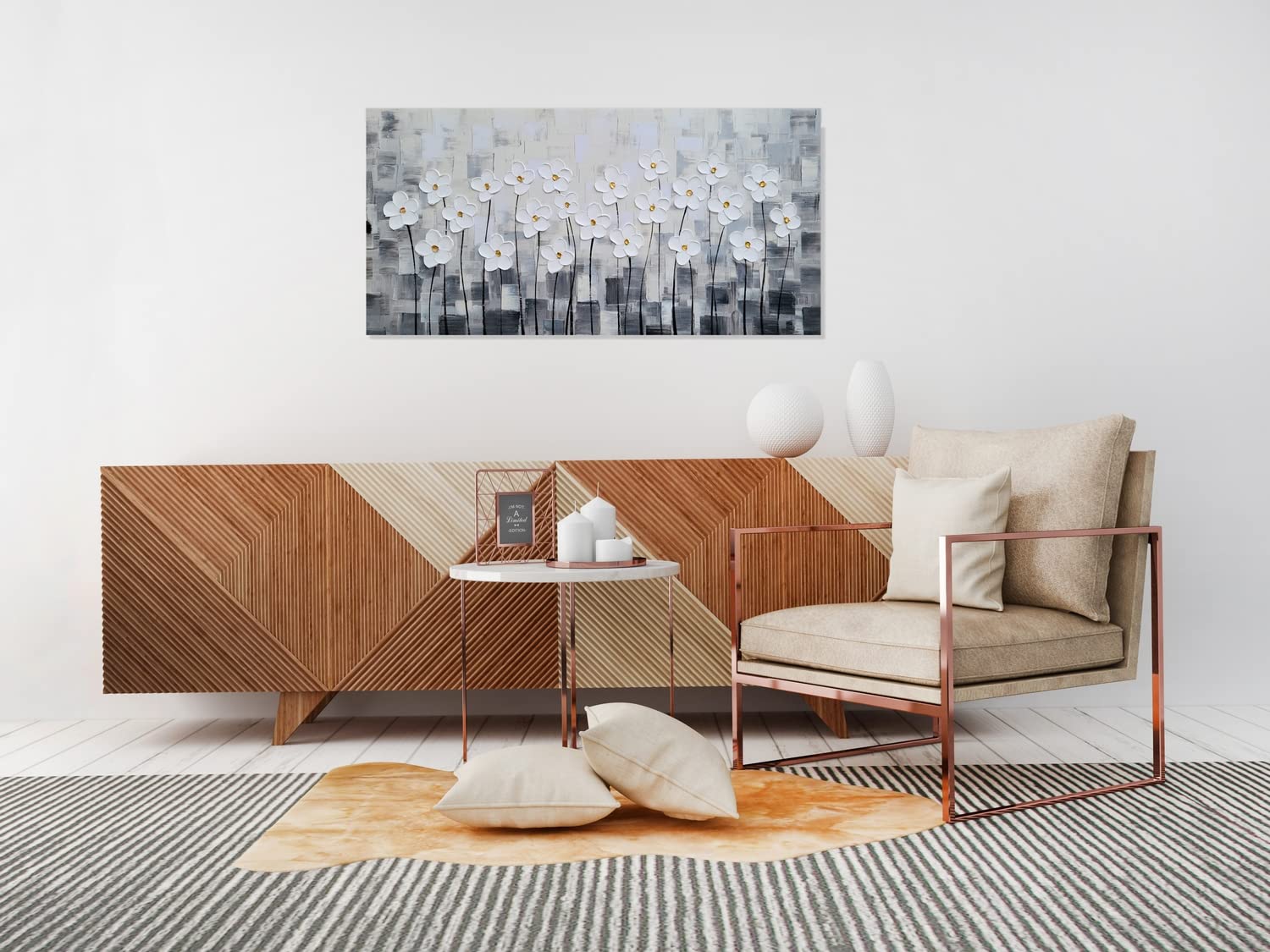 SYGALLERIER White Floral Canvas Wall Art - Hand Painted 3D Modern Abstract Painting - Grey and White Pictures for Living Room, Bedroom, Office & Home Decor - Perfect for Modern Interior Design & Wall Decoration