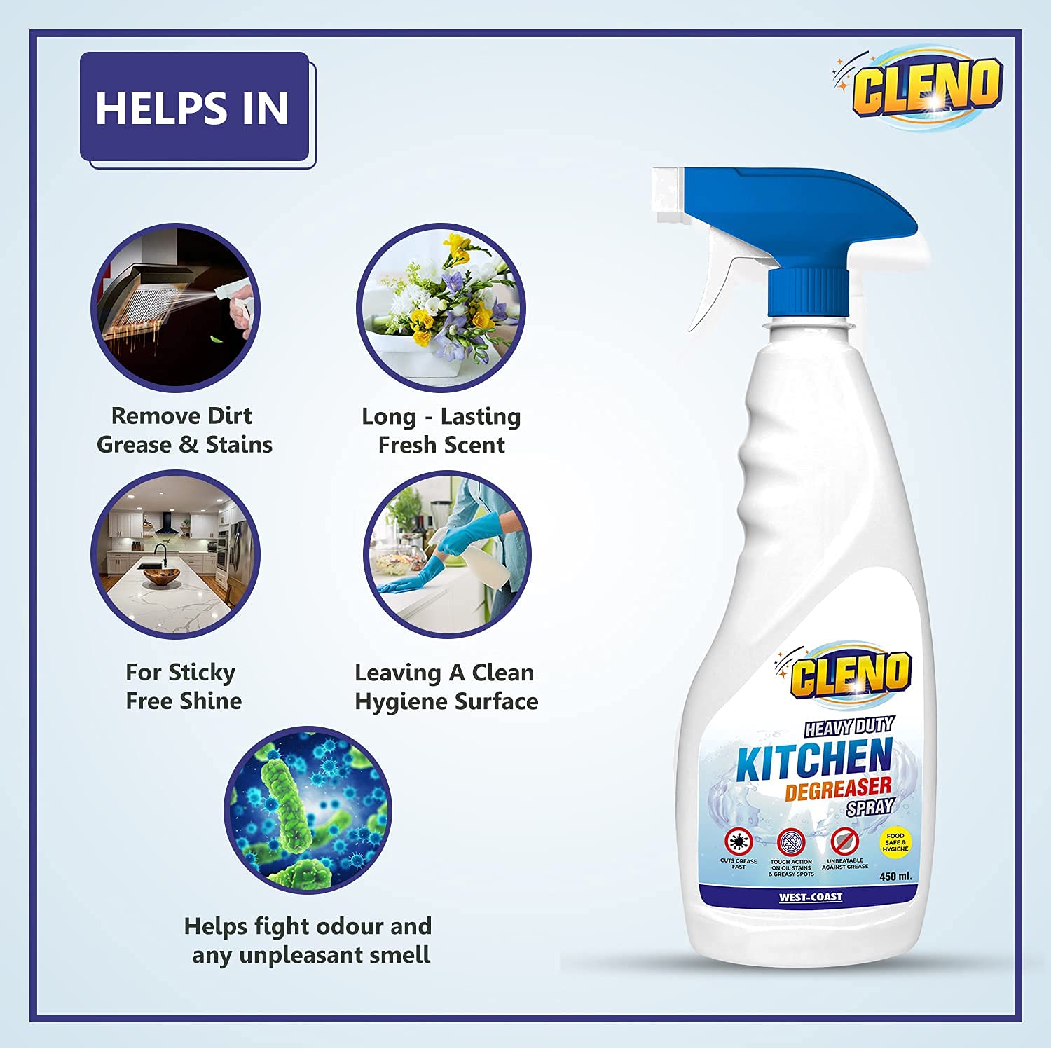 Cleno Heavy Duty Kitchen Degreaser Spray - Powerful Oil & Grease Remover for Stoves, Grills, Ovens, Exhaust Fans & Kitchen Surfaces (450ml) | Ideal for Deep Cleaning Chimneys, Countertops & Food Stains