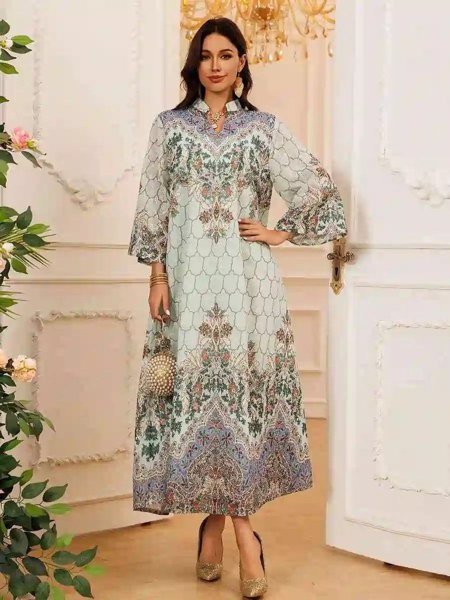 Elegant Eid Dress for Women - Embroidered Caftan Kaftan Dress with Floral Print #25436 - Perfect for Eid Celebrations, Weddings & Special Occasions