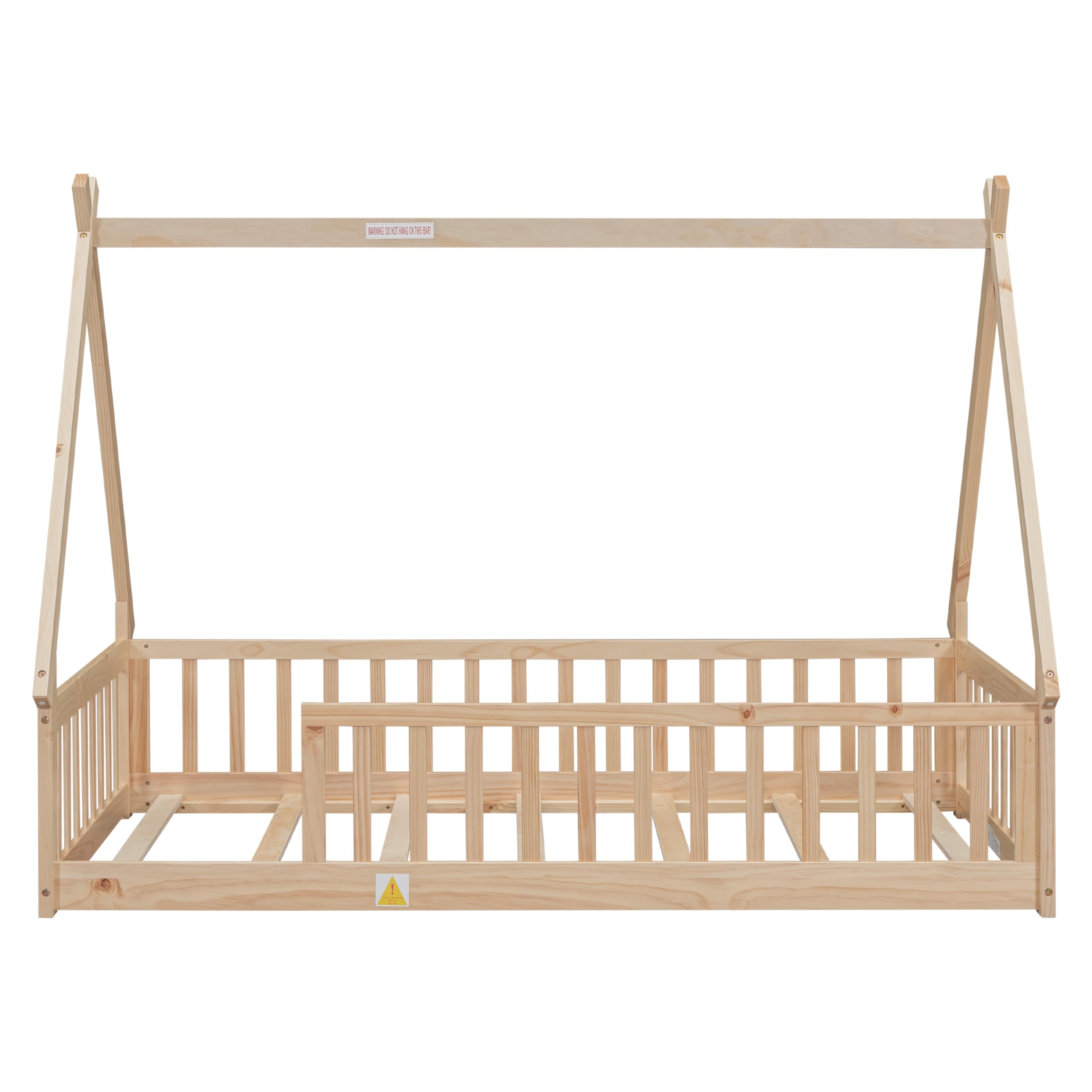 Montessori Floor Bed for Kids - Twin Size Teepee Tent Bed with Slats & Safety Rails, Natural Wood House Bed Frame for Boys & Girls | Perfect for Montessori Rooms, Playrooms & Cozy Bedtime Reading Nooks