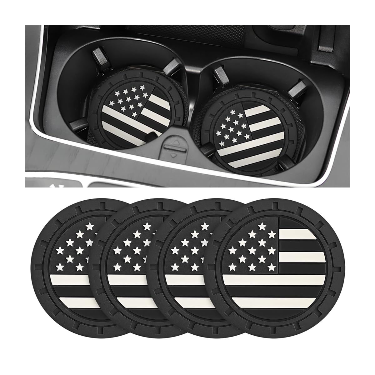 BESULEN 4-Pack American Flag Car Coasters - 2.75 Inch Universal Cup Holder Inserts, Non-Slip USA Flag Drink Mats for Vehicles - Durable Car Interior Accessories for Road Trips & Daily Commutes