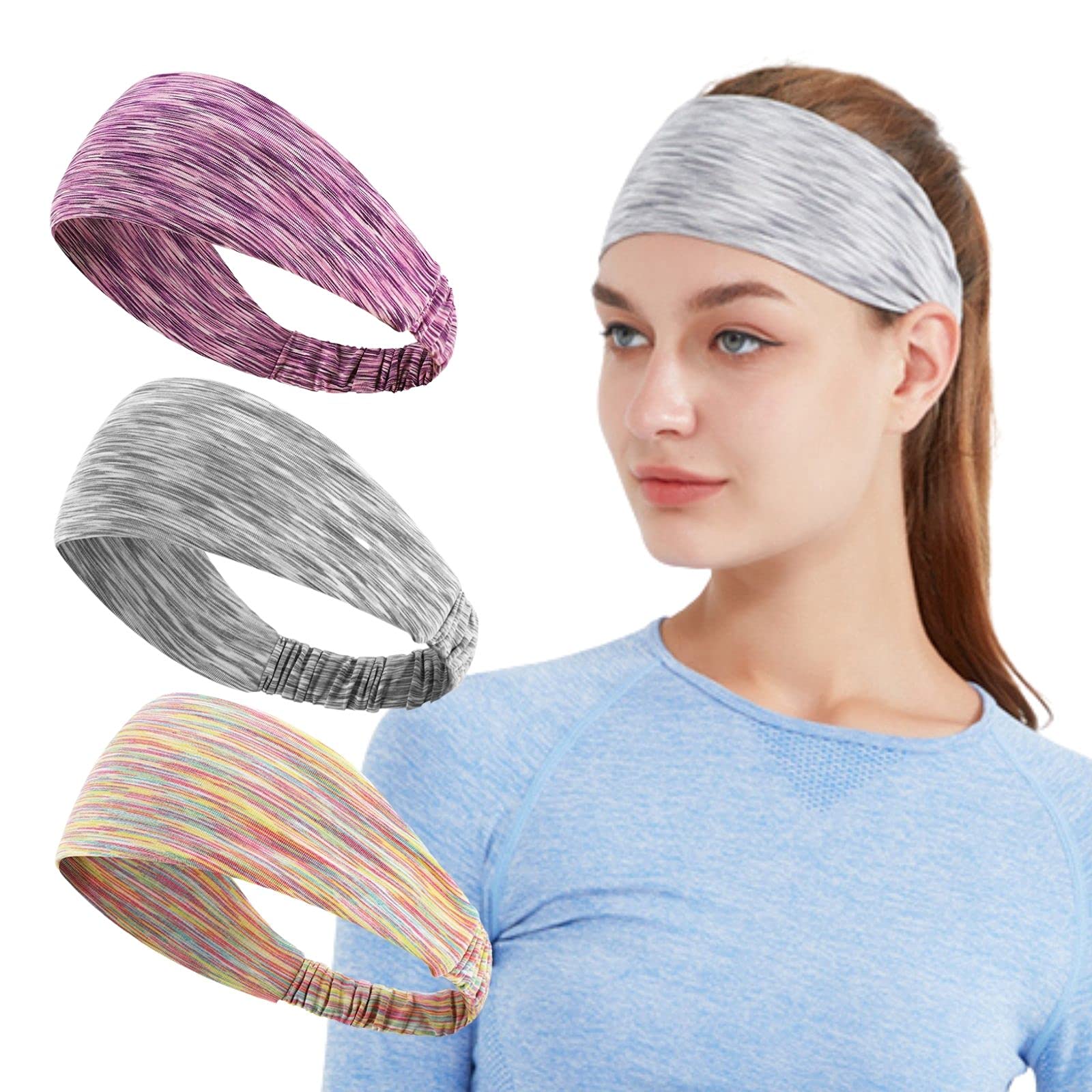3 Pack Wide Elastic Sweatbands for Women & Men - Non-Slip Workout Headbands for Yoga, Running, Tennis, Gym & Fitness - Perfect for Sports, Exercise & Dance Activities