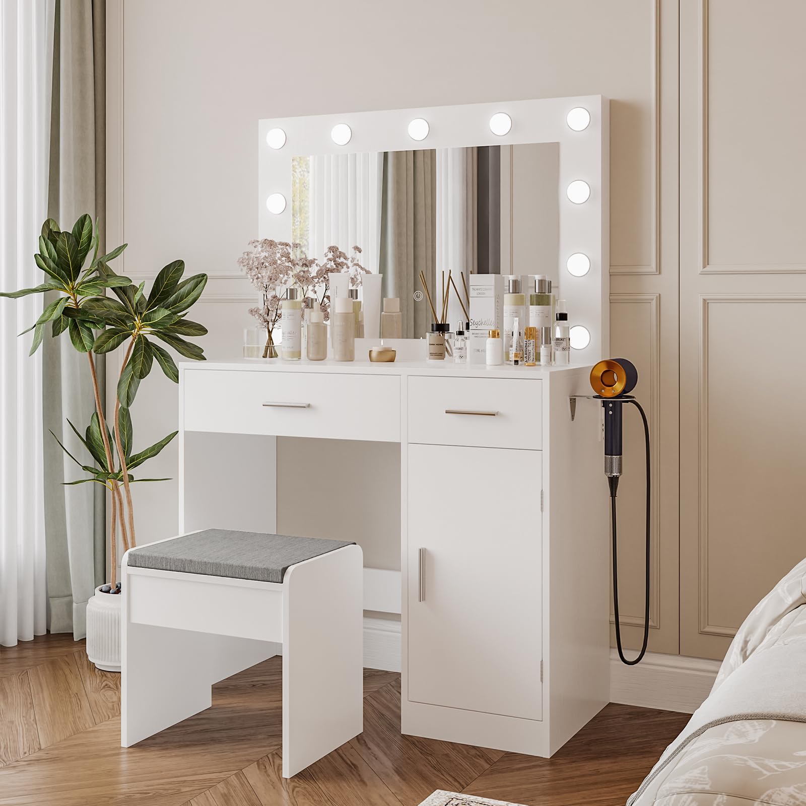 Vanity Desk with Mirror, Large Drawer & Built-in Power Outlet - 11 LED Bulbs with 3 Adjustable Lighting Modes, White Makeup Dressing Table for Bedroom | Perfect for Makeup Application, Skincare Routine & Home Decor