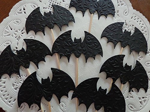 Black Bat Cupcake Toppers - Damask Embossed Halloween Party Decorations - Set of 24 Appetizer Picks for Cupcakes, Cakes, Desserts - Perfect for Halloween Parties, Birthday Celebrations & Themed Events