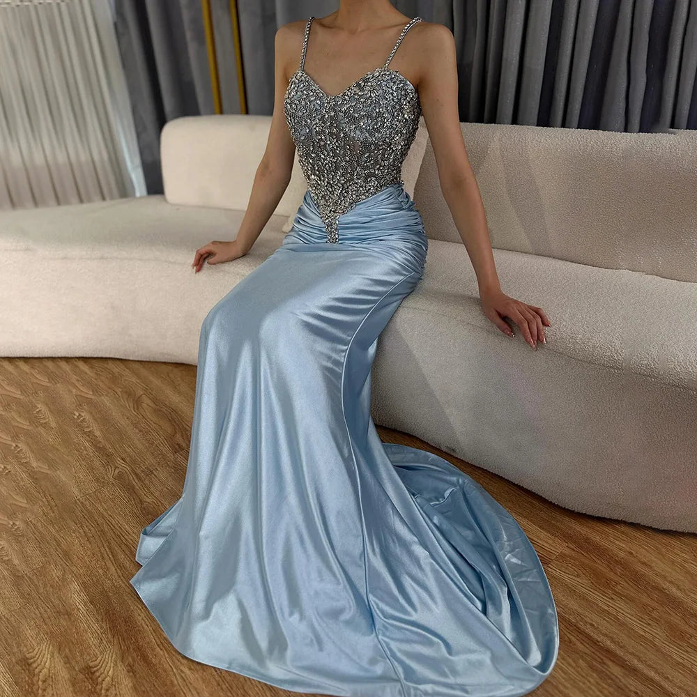 Luxury Dubai Arabic Blue Spaghetti Strap Satin Mermaid Gown - Beaded Saudi Evening Dress for Formal Occasions, Weddings, Prom & Red Carpet Events | LA72729