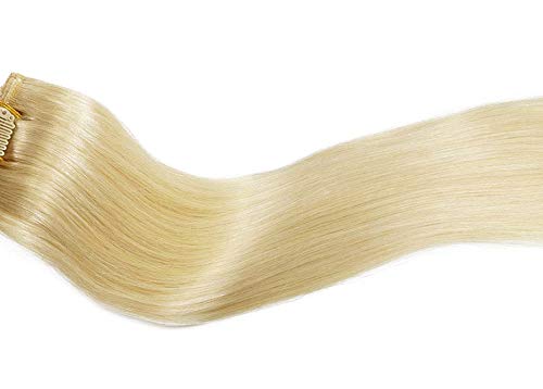 Platinum Blonde Clip-in Human Hair Extensions 9A Grade - 120g 7-Piece Double Weft Remy Hair - Silky Straight Hair Extensions for Women (22 Inches, #60 Blonde) - Perfect for Parties, Weddings & Daily Styling