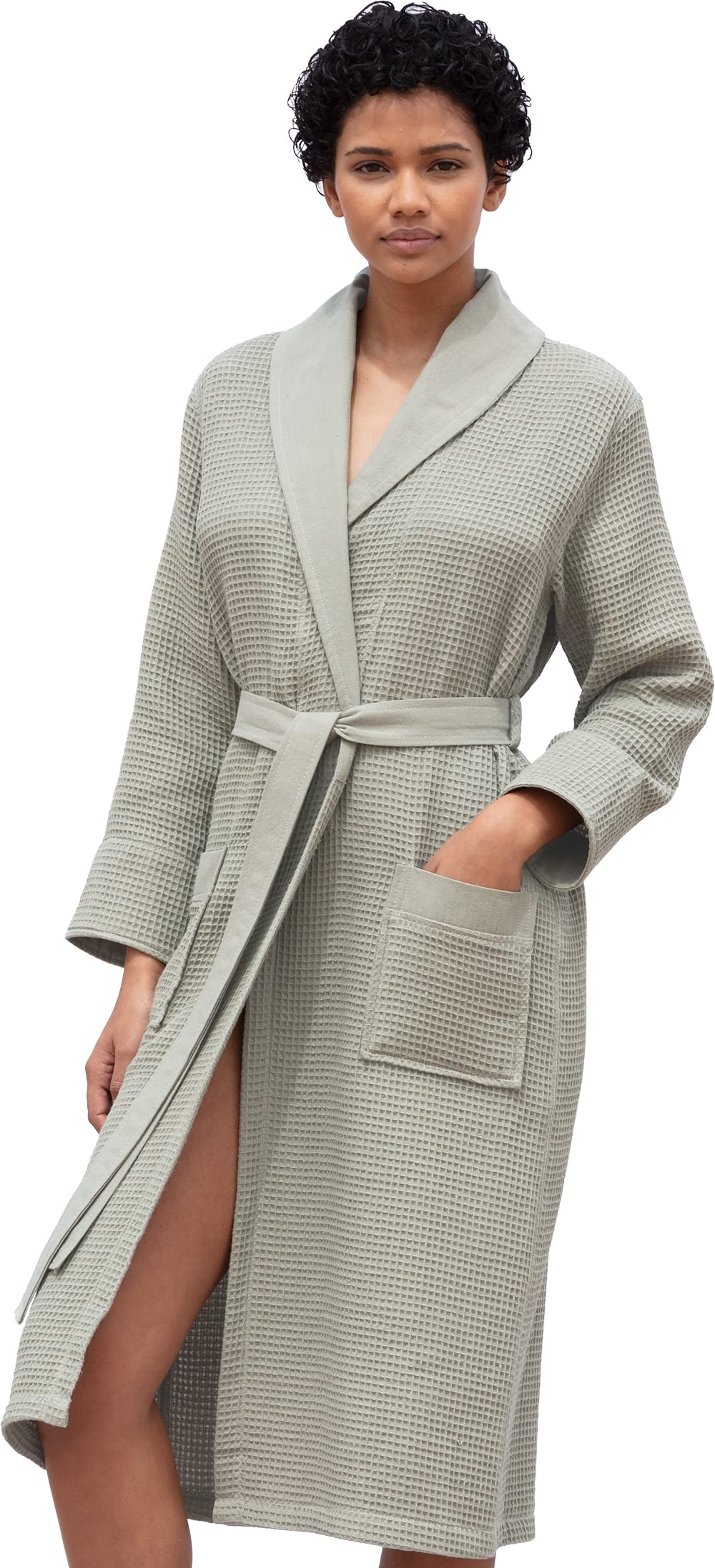 SEYANTE Women's Luxury Waffle Shawl Collar Hooded Robe with Piping - Lightweight Long Ultra Soft Spa Sleepwear Bathrobe for Home, Lounge & Relaxation